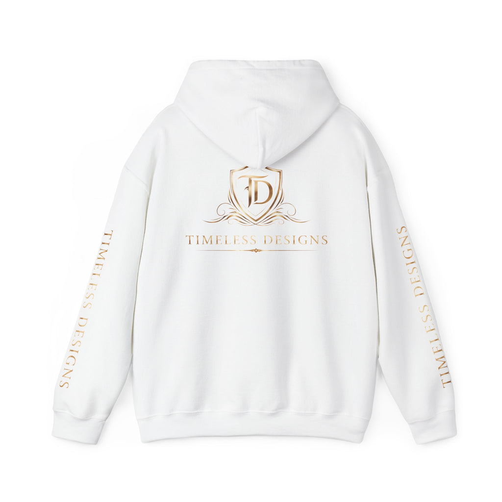 Timeless Designs Logo Hoodie — Elegant Pullover with Gold Crest