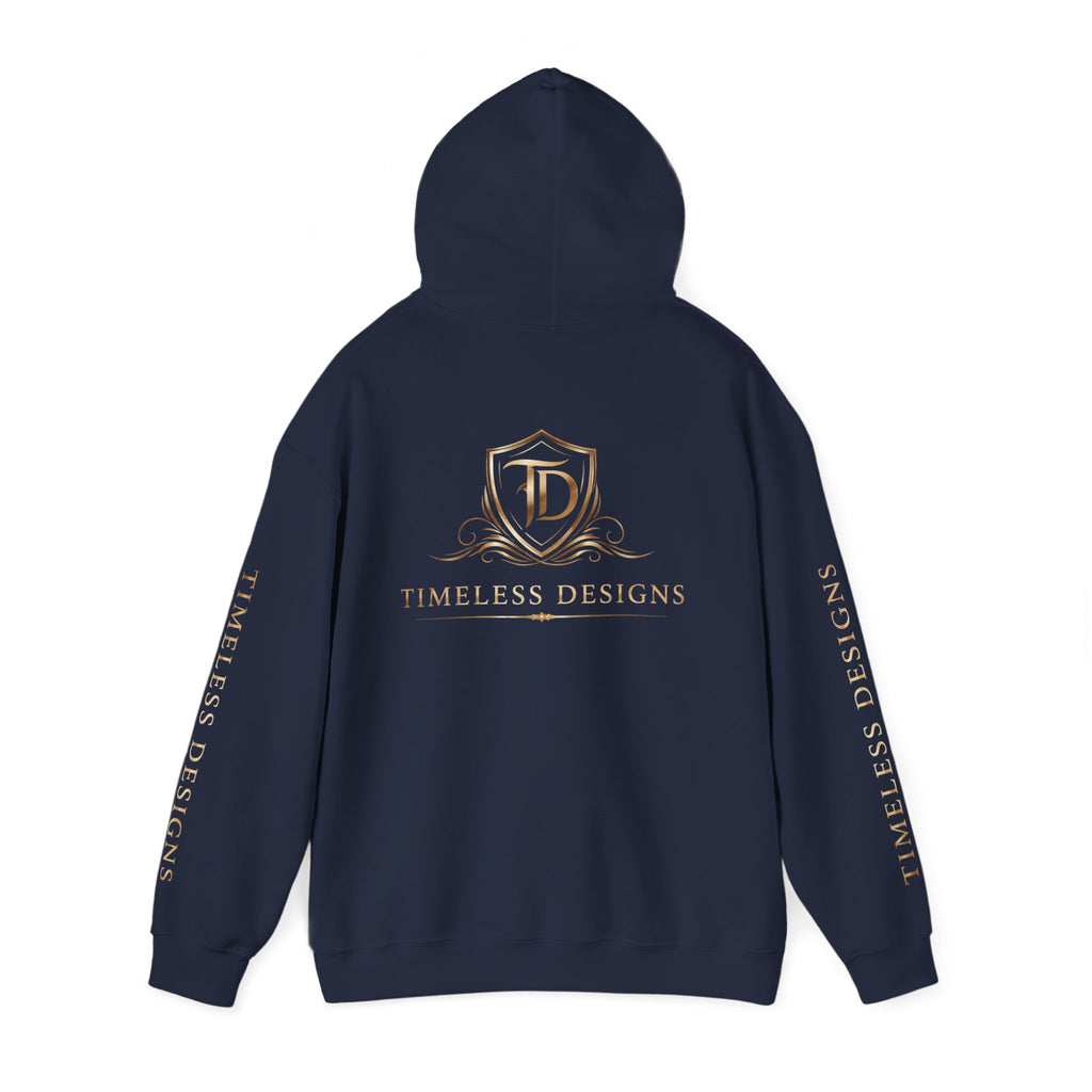 Timeless Designs Logo Hoodie — Elegant Pullover with Gold Crest