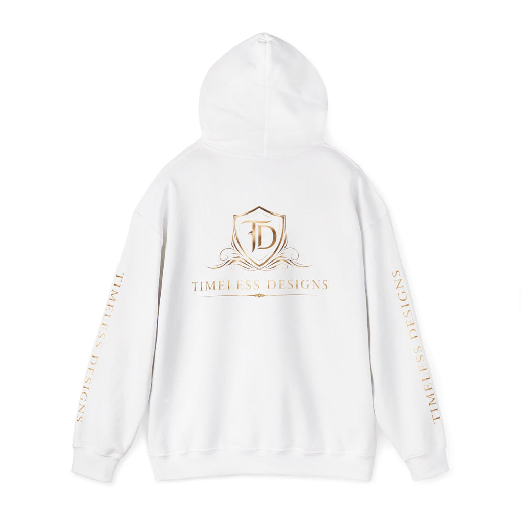 Timeless Designs Logo Hoodie — Elegant Pullover with Gold Crest