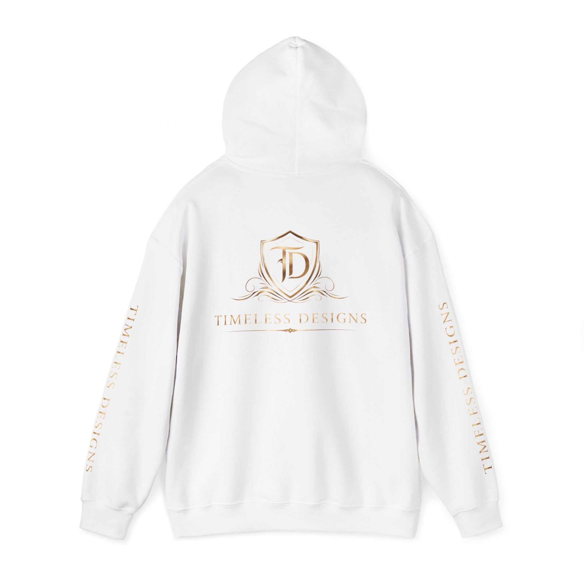 Timeless Designs Logo Hoodie — Elegant Pullover with Gold Crest