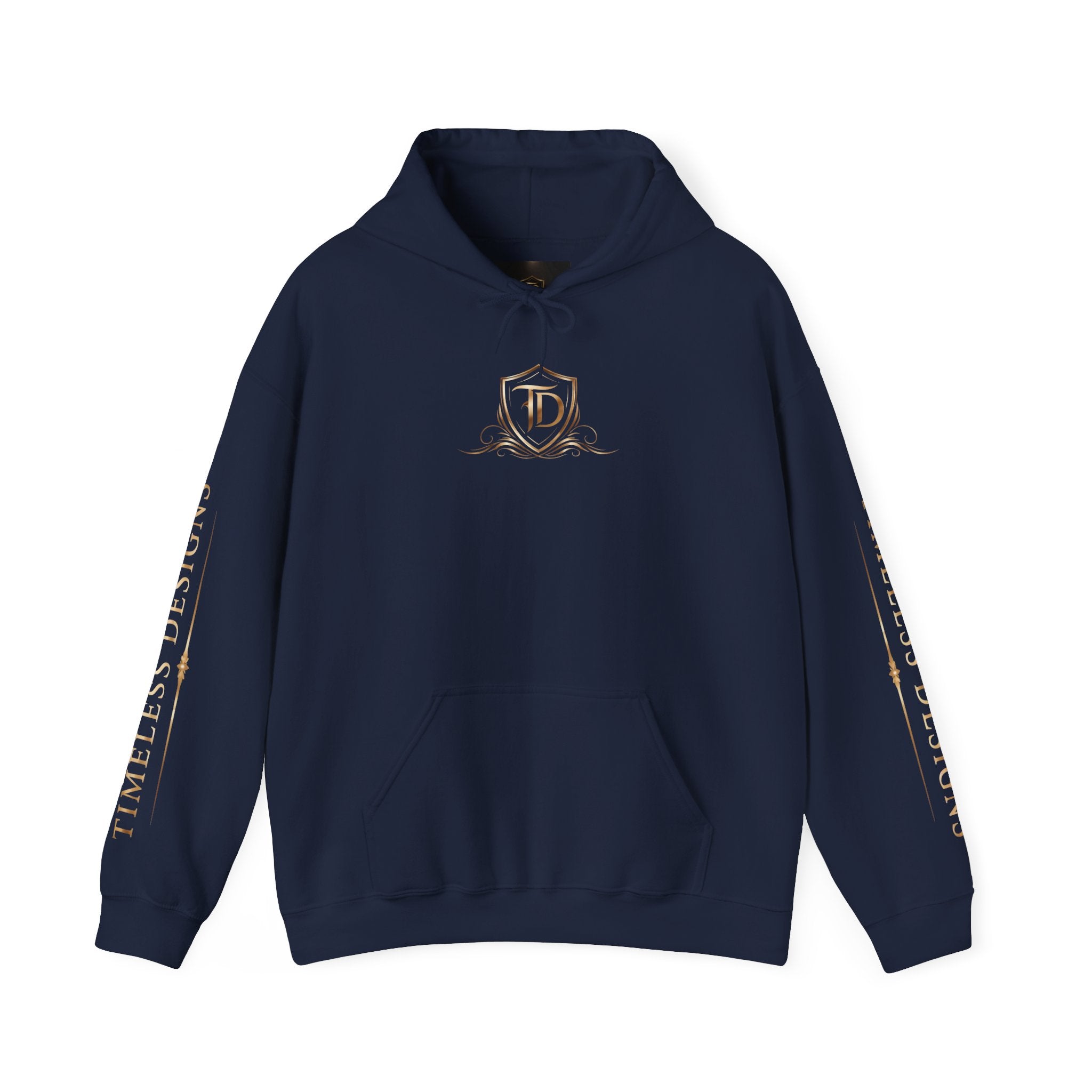 Timeless Designs Logo Hoodie — Elegant Pullover with Gold Crest
