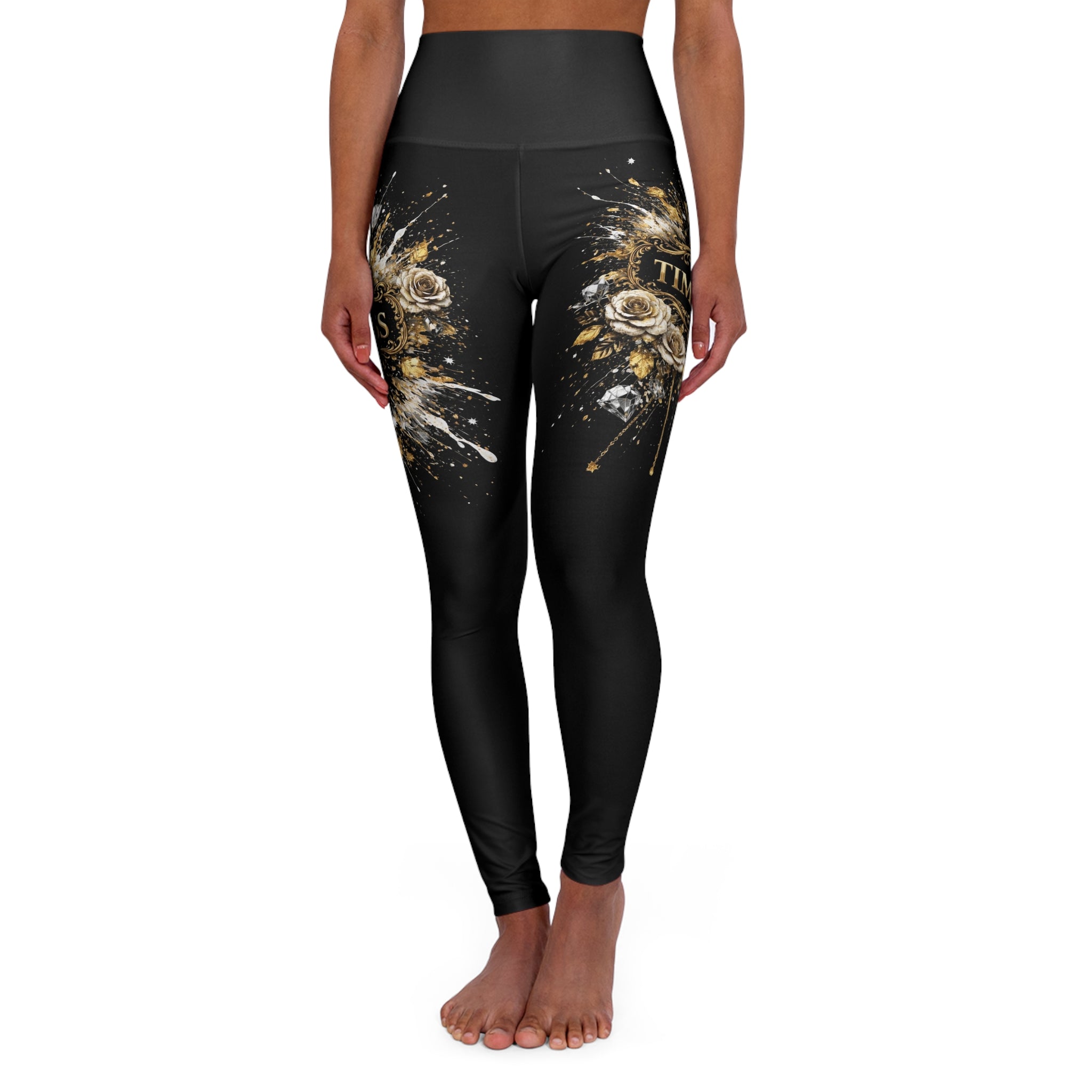 High-Waist Black & Gold Floral Yoga Leggings — Timeless Designs AOP