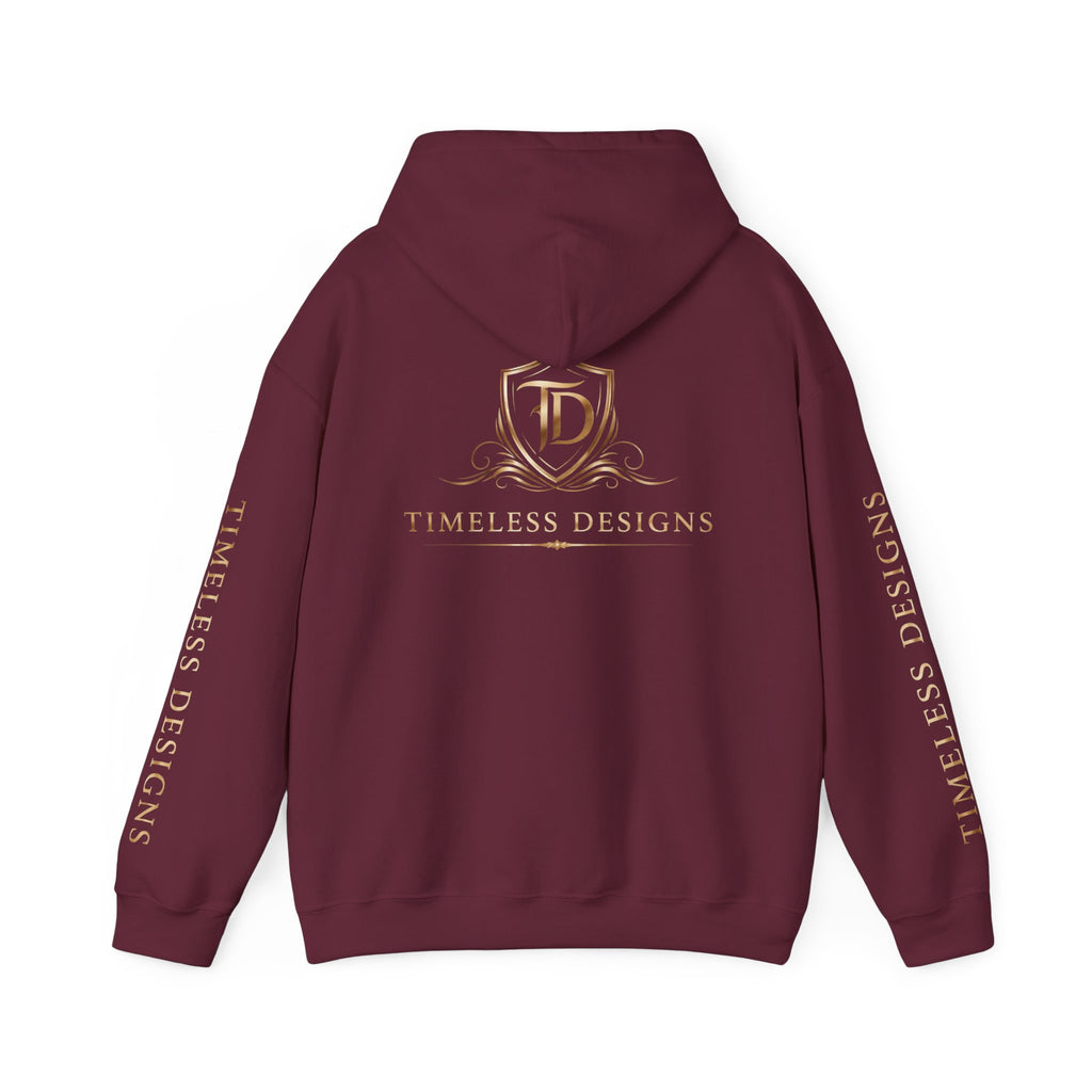 Timeless Designs Logo Hoodie — Elegant Pullover with Gold Crest