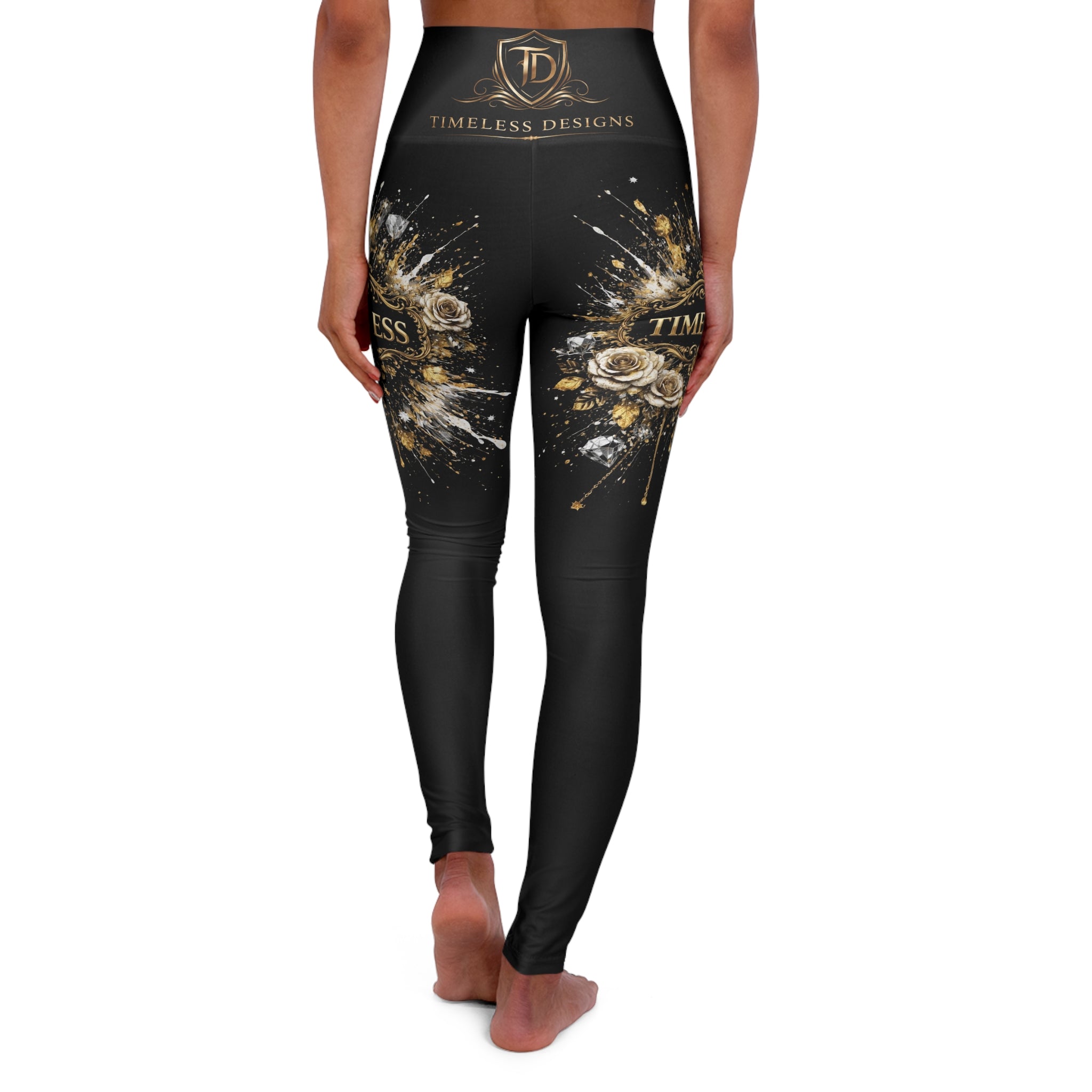 High-Waist Black & Gold Floral Yoga Leggings — Timeless Designs AOP