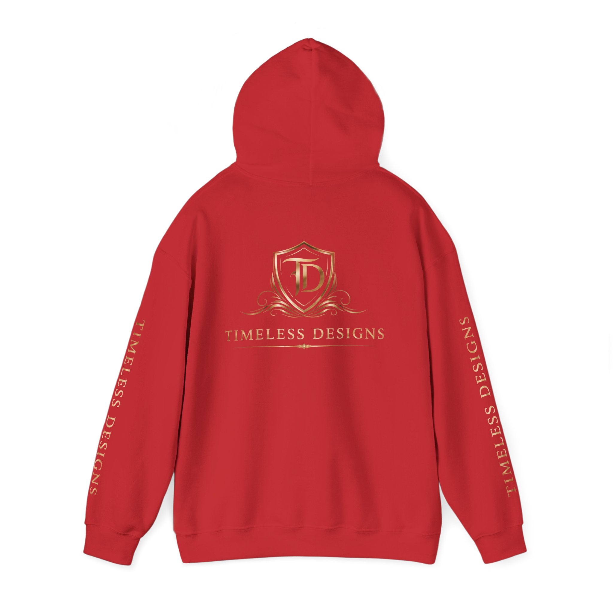 Timeless Designs Logo Hoodie — Elegant Pullover with Gold Crest
