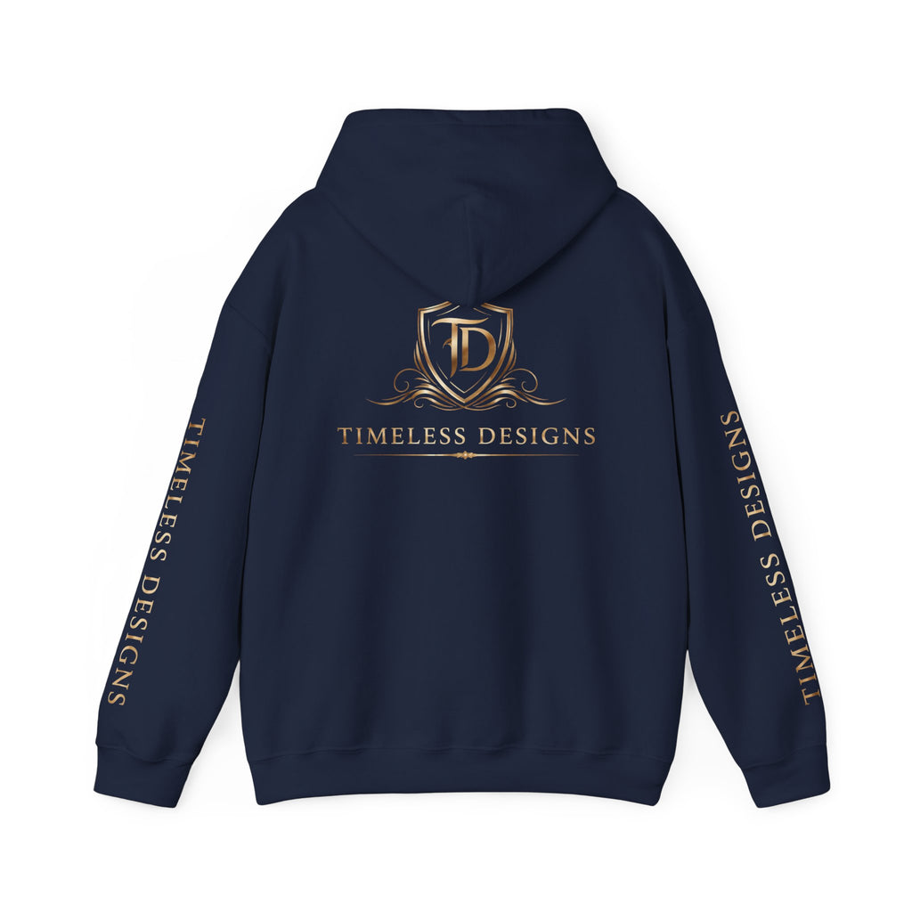 Timeless Designs Logo Hoodie — Elegant Pullover with Gold Crest