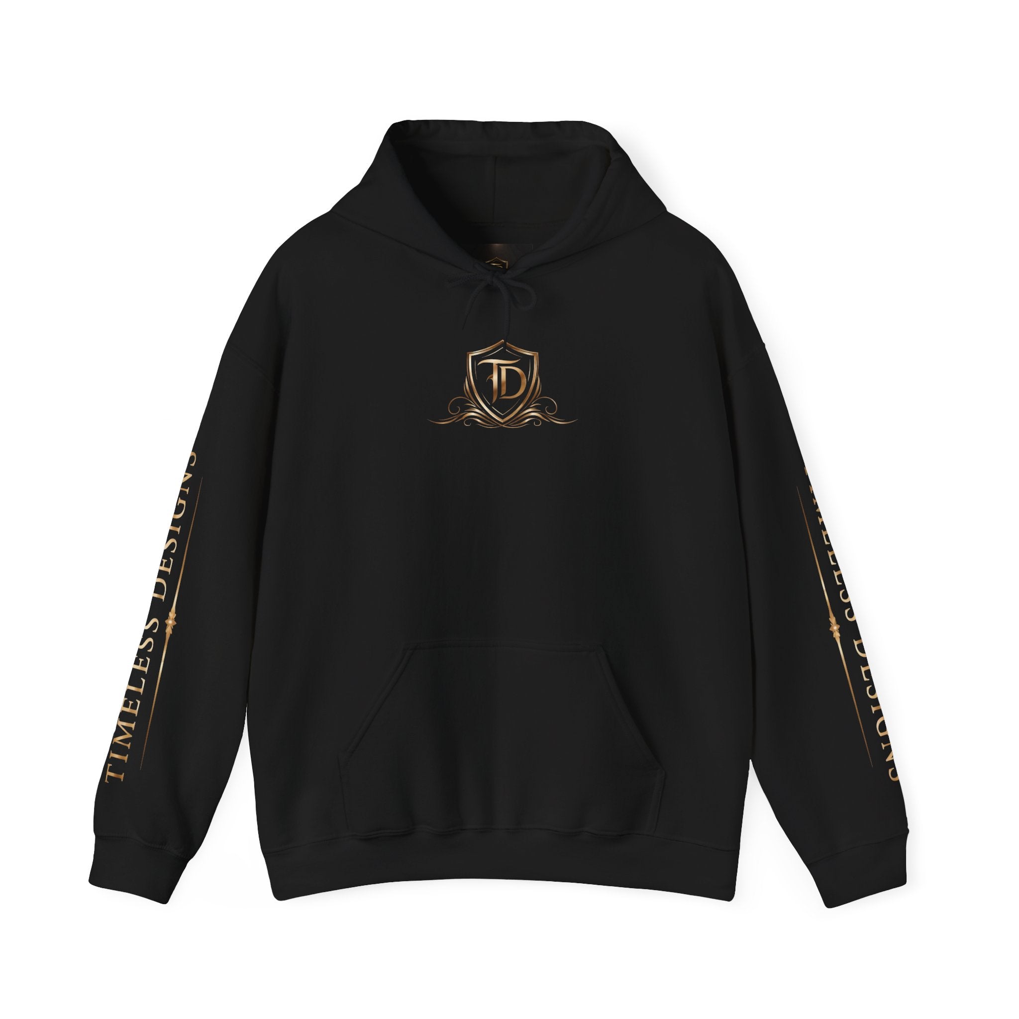 Timeless Designs Logo Hoodie — Elegant Pullover with Gold Crest