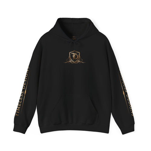 Timeless Designs Logo Hoodie — Elegant Pullover with Gold Crest
