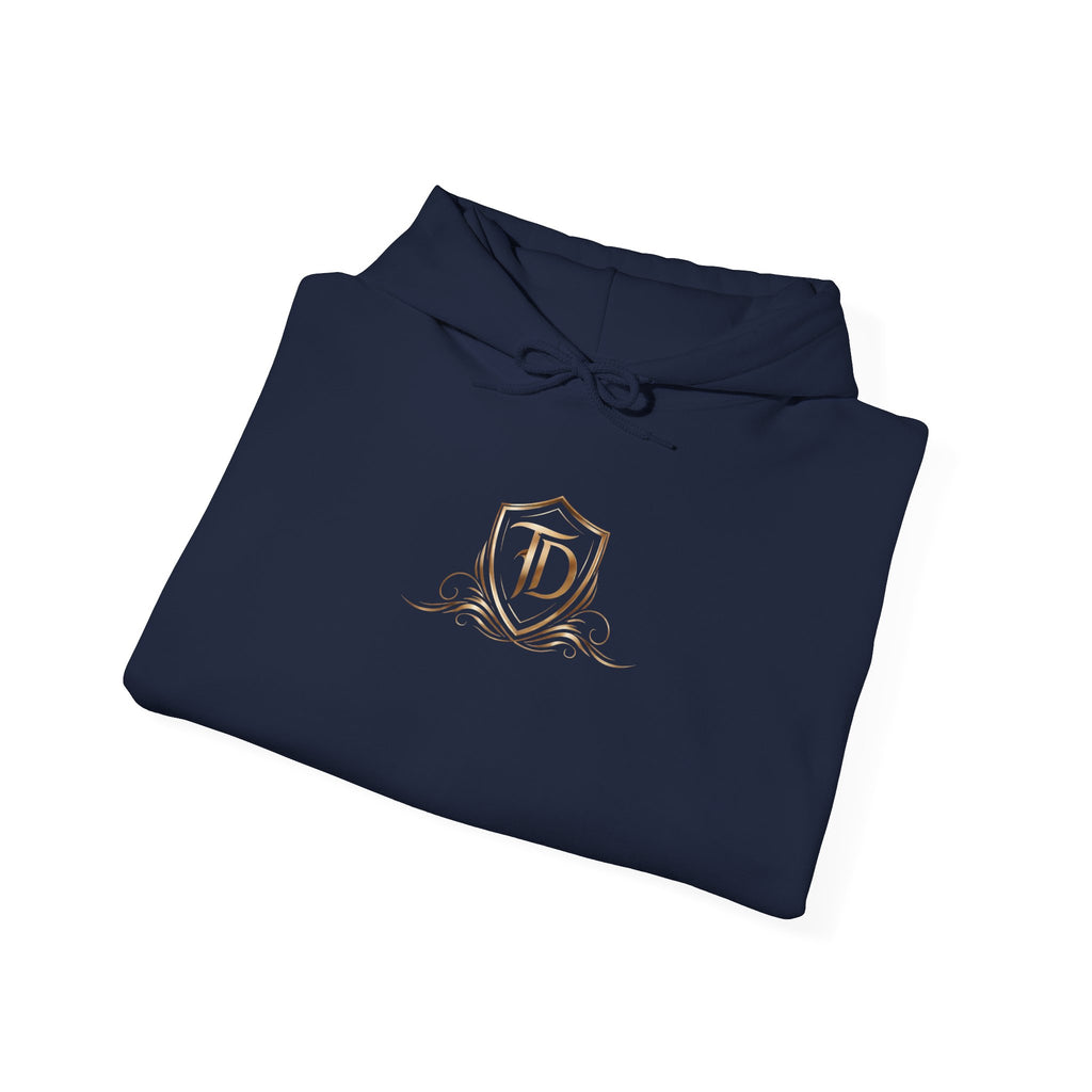 Timeless Designs Logo Hoodie — Elegant Pullover with Gold Crest
