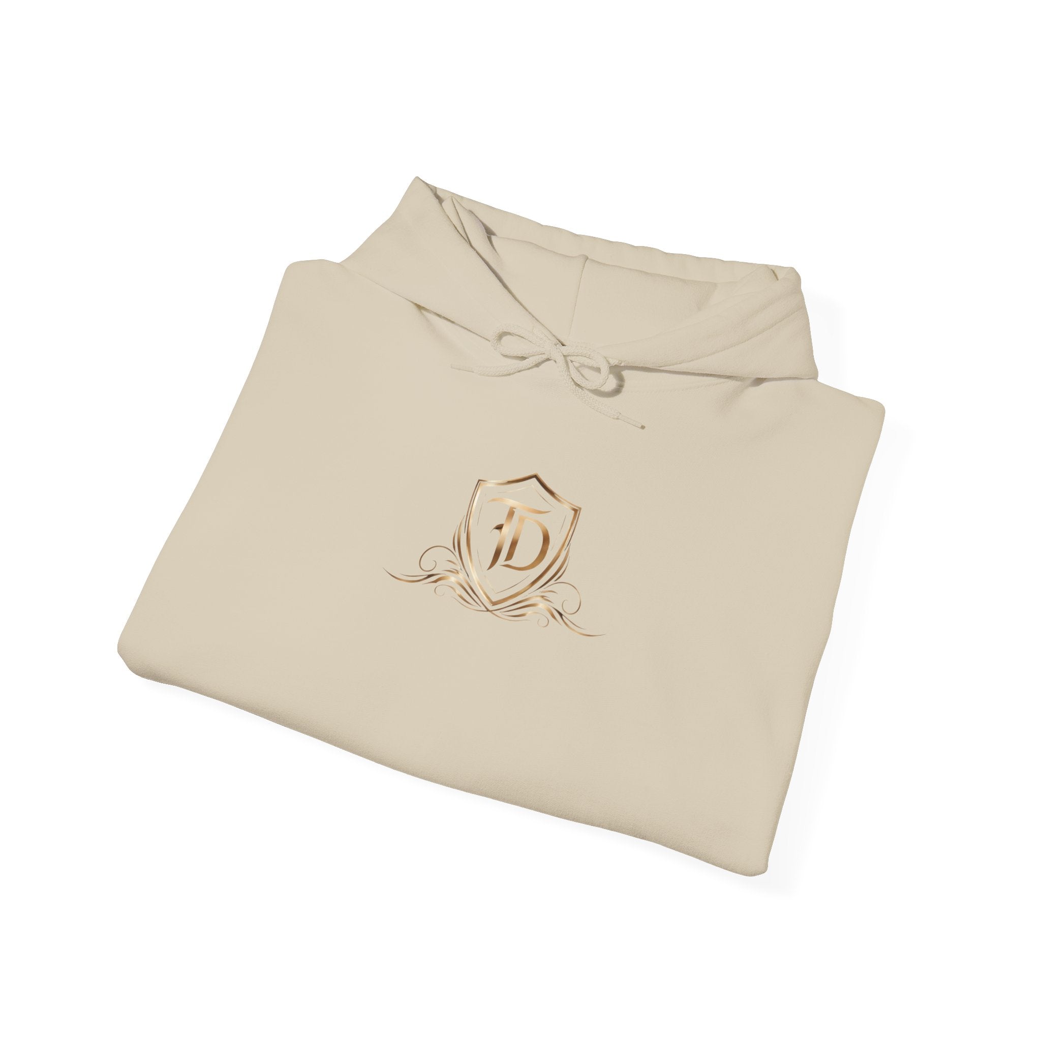 Timeless Designs Logo Hoodie — Elegant Pullover with Gold Crest