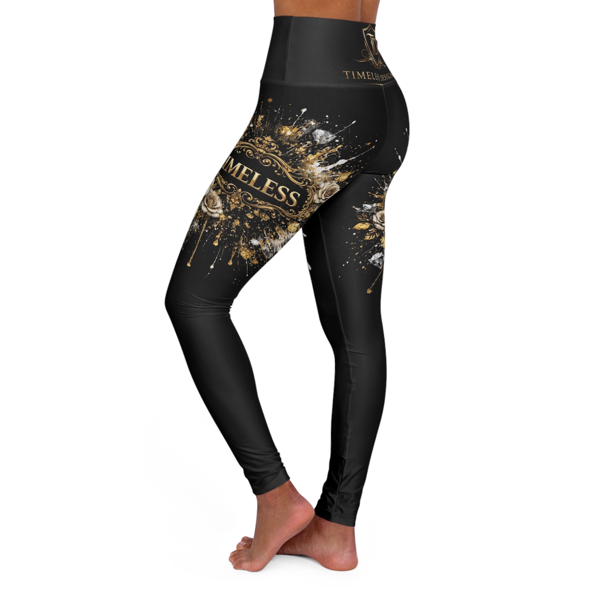 High-Waist Black & Gold Floral Yoga Leggings — Timeless Designs AOP