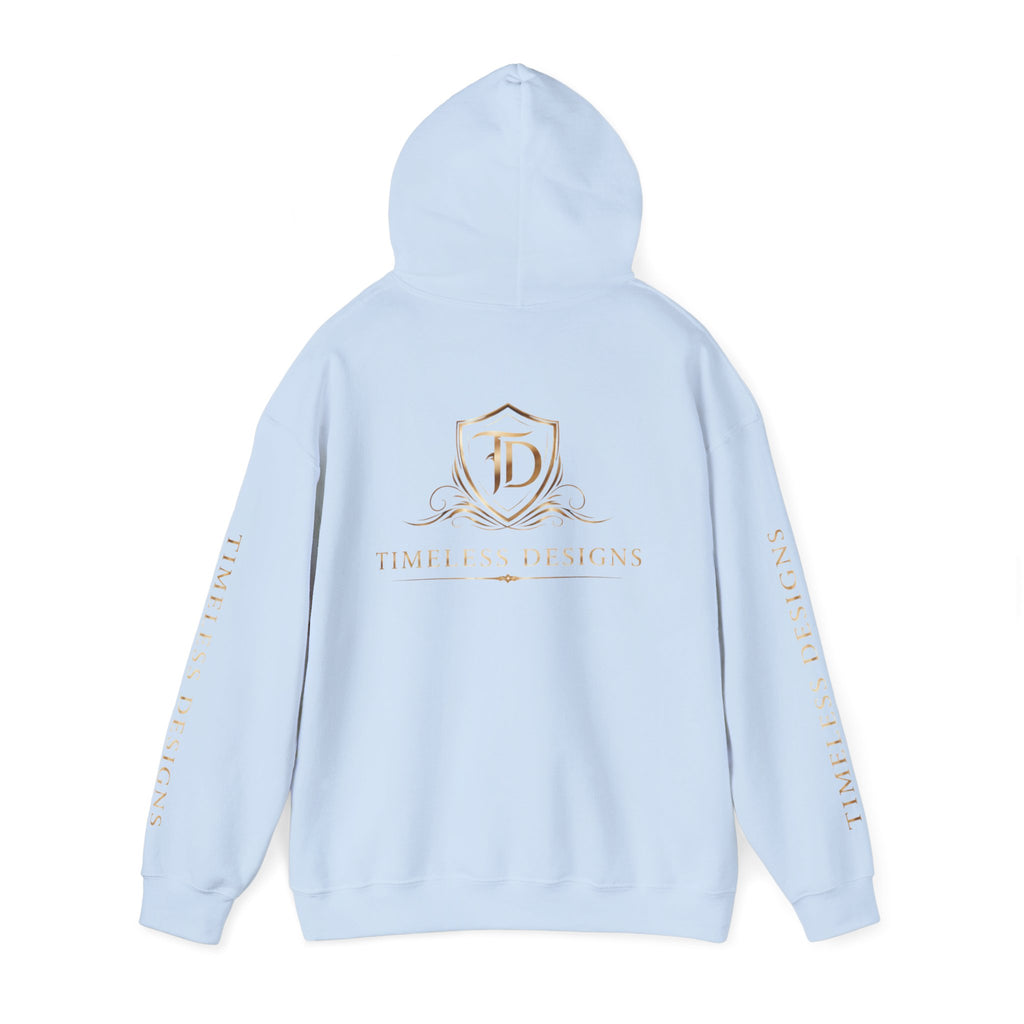 Timeless Designs Logo Hoodie — Elegant Pullover with Gold Crest