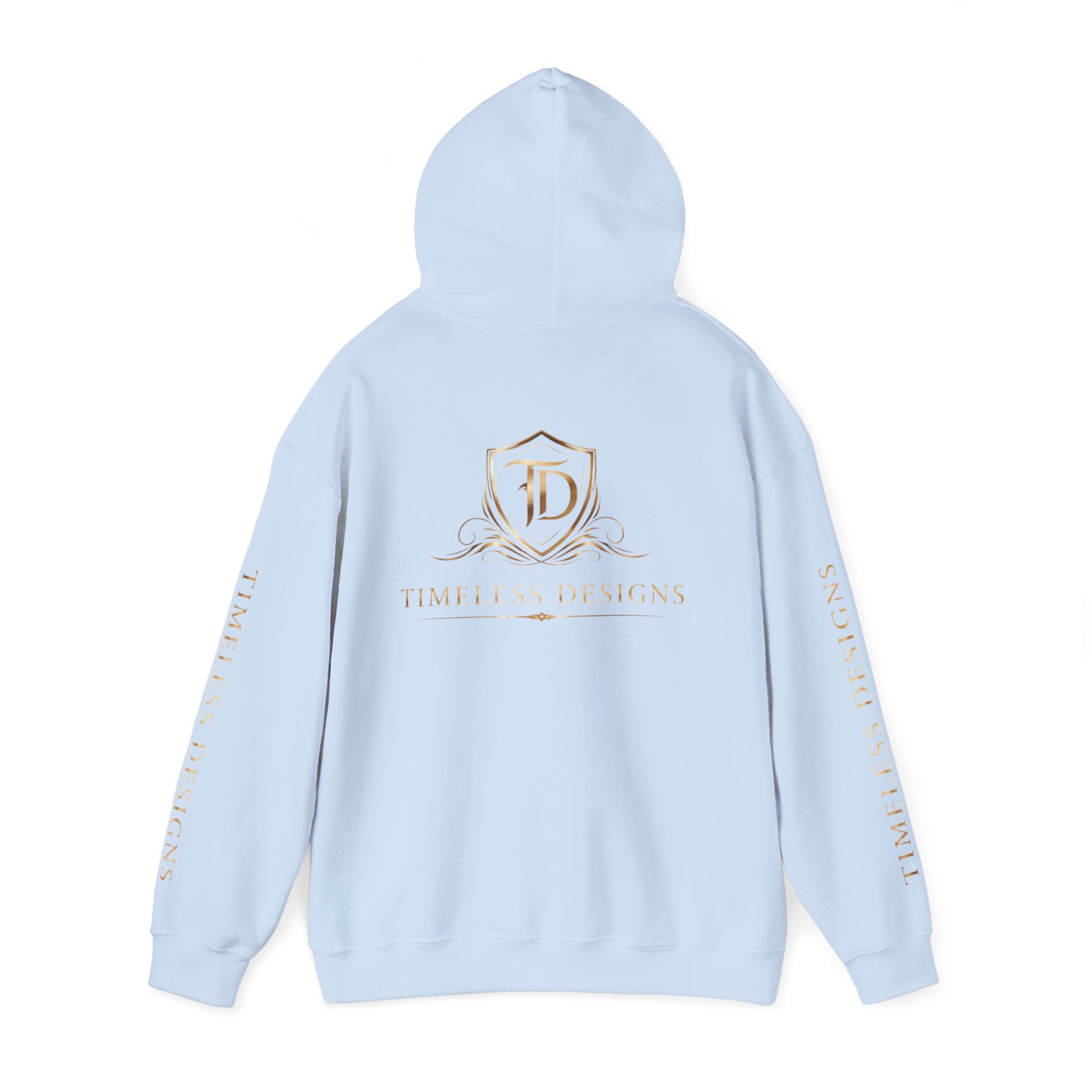 Timeless Designs Logo Hoodie — Elegant Pullover with Gold Crest