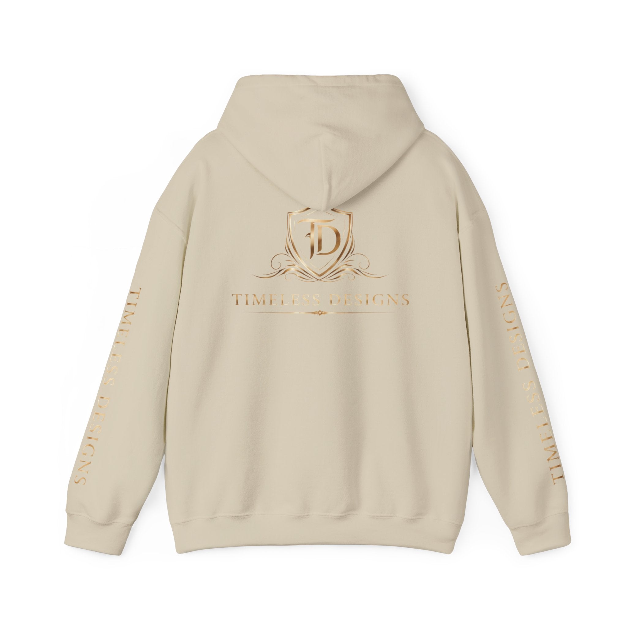 Timeless Designs Logo Hoodie — Elegant Pullover with Gold Crest