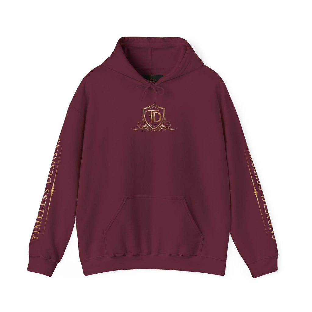 Timeless Designs Logo Hoodie — Elegant Pullover with Gold Crest
