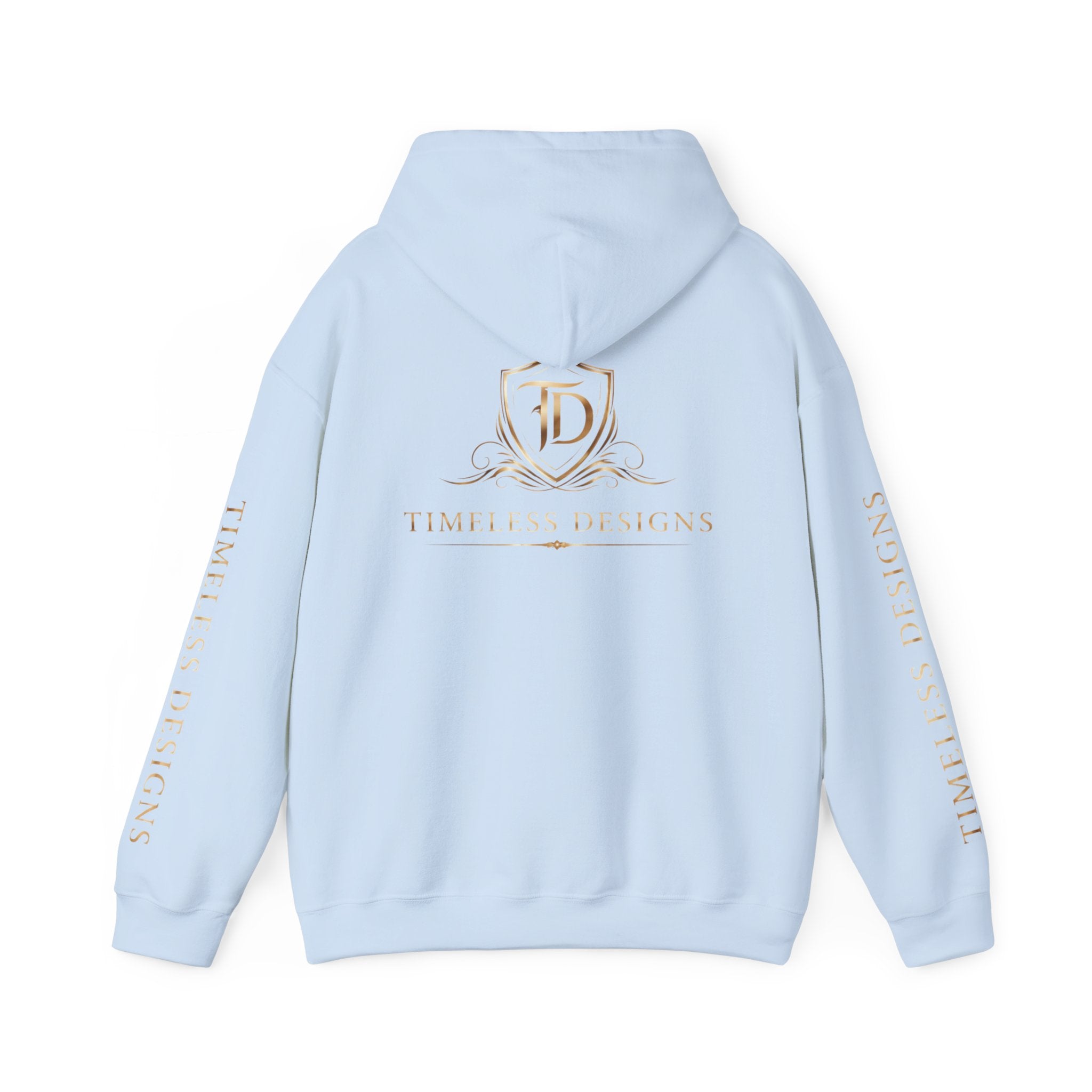 Timeless Designs Logo Hoodie — Elegant Pullover with Gold Crest