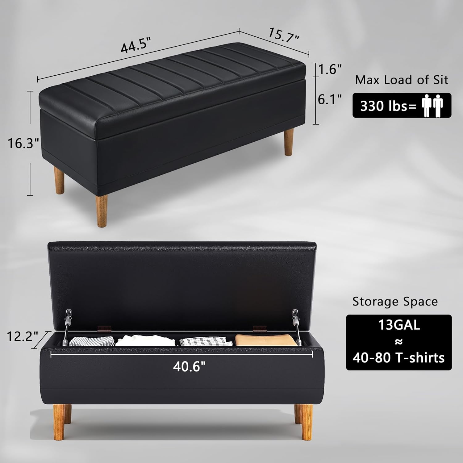 Black 44.5-Inch Storage Ottoman With Premium Gas Spring