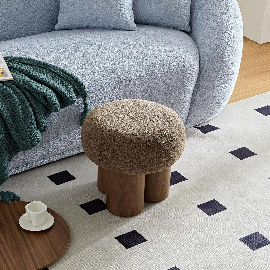 Compact Round Footstool Ottoman Brown Teddy Fabric