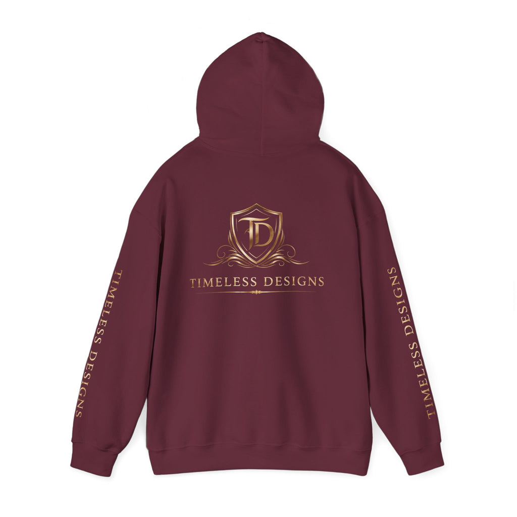 Timeless Designs Logo Hoodie — Elegant Pullover with Gold Crest