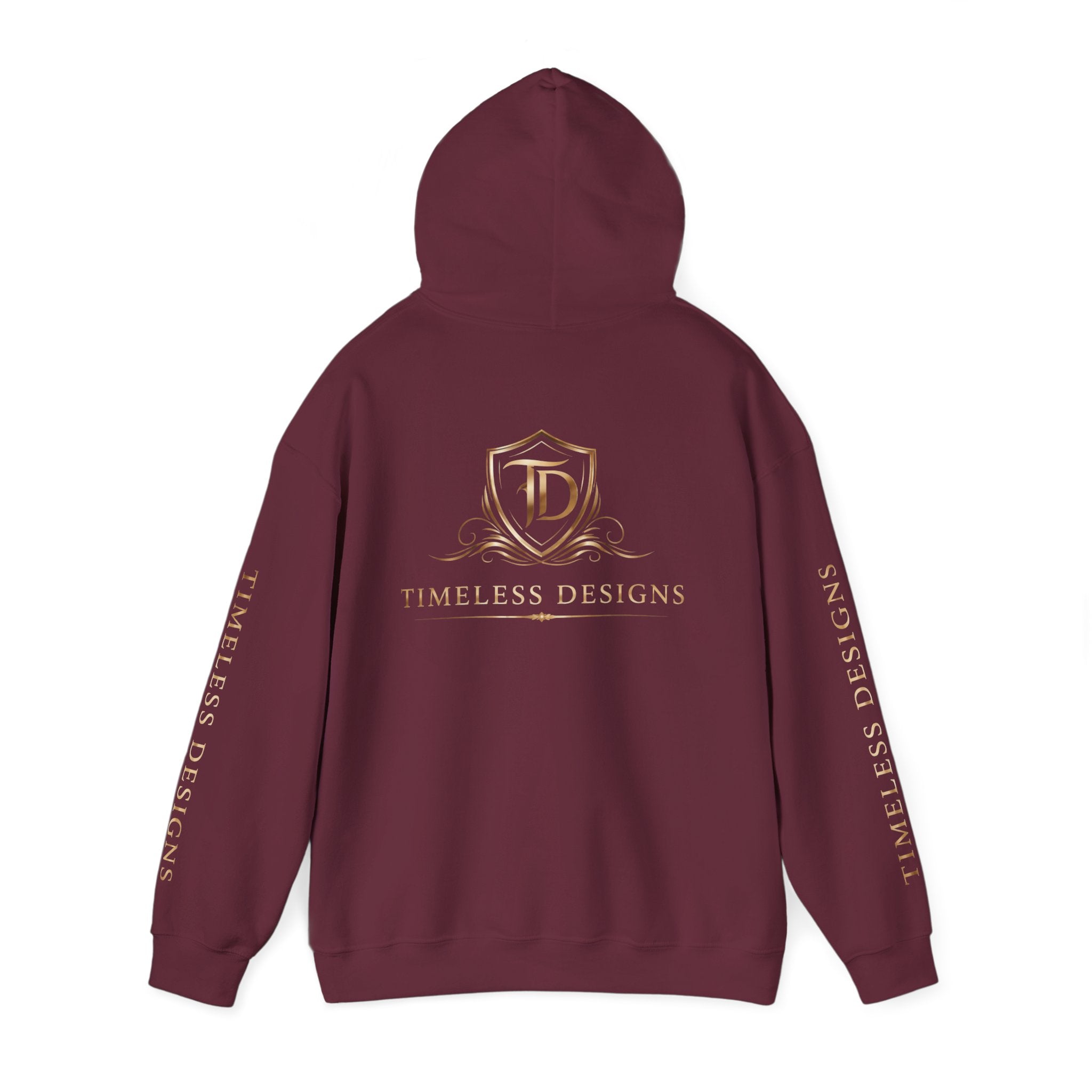 Timeless Designs Logo Hoodie — Elegant Pullover with Gold Crest