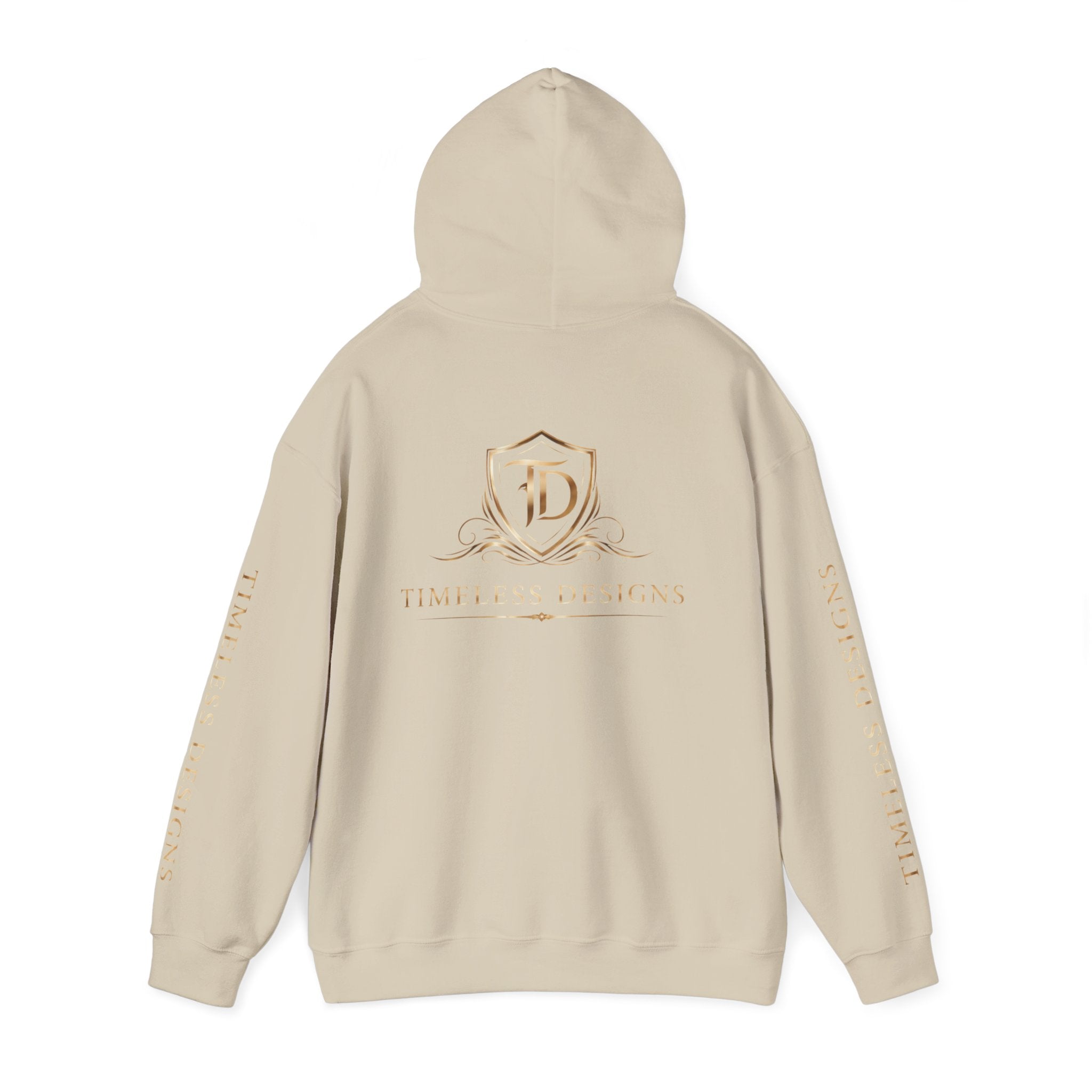 Timeless Designs Logo Hoodie — Elegant Pullover with Gold Crest