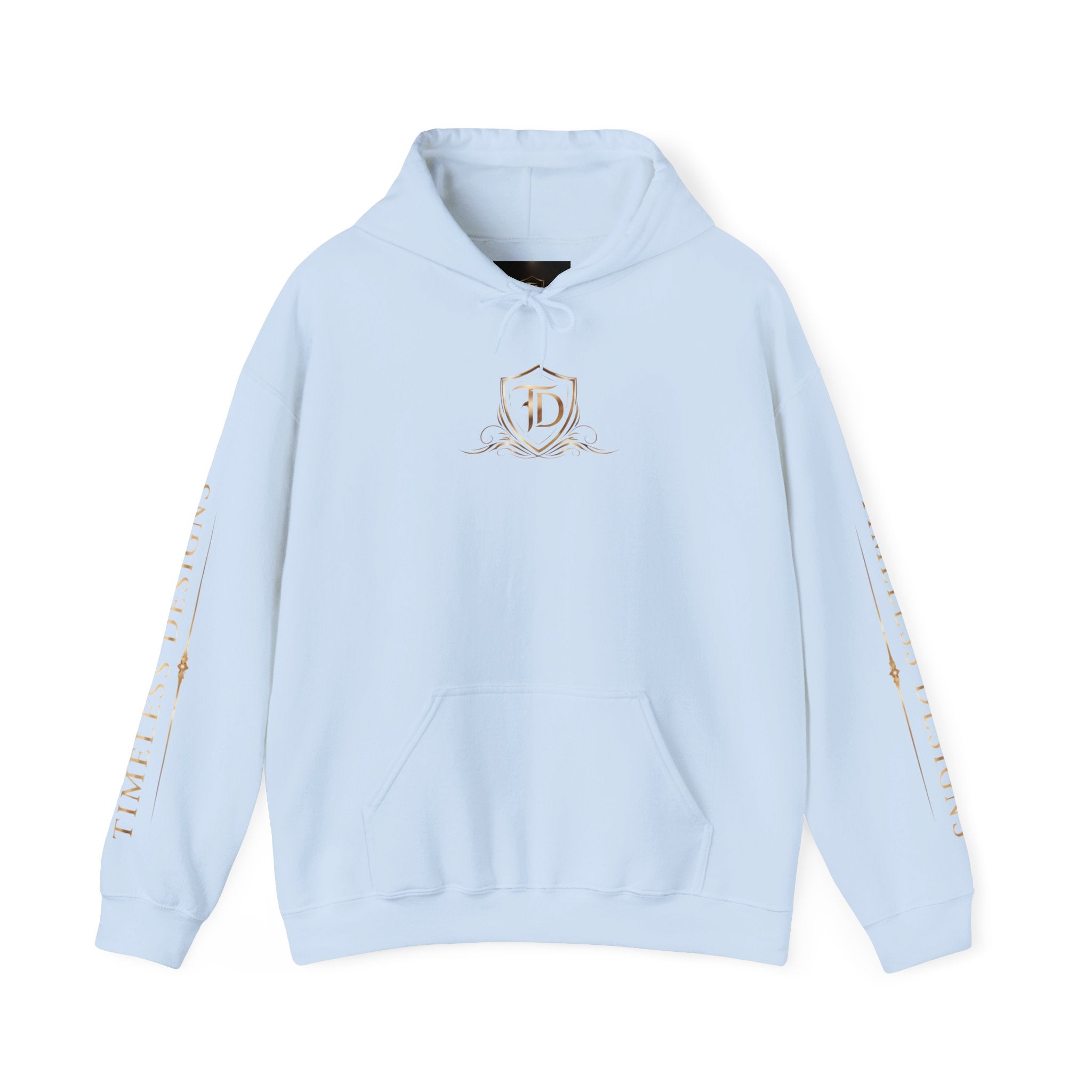 Timeless Designs Logo Hoodie — Elegant Pullover with Gold Crest