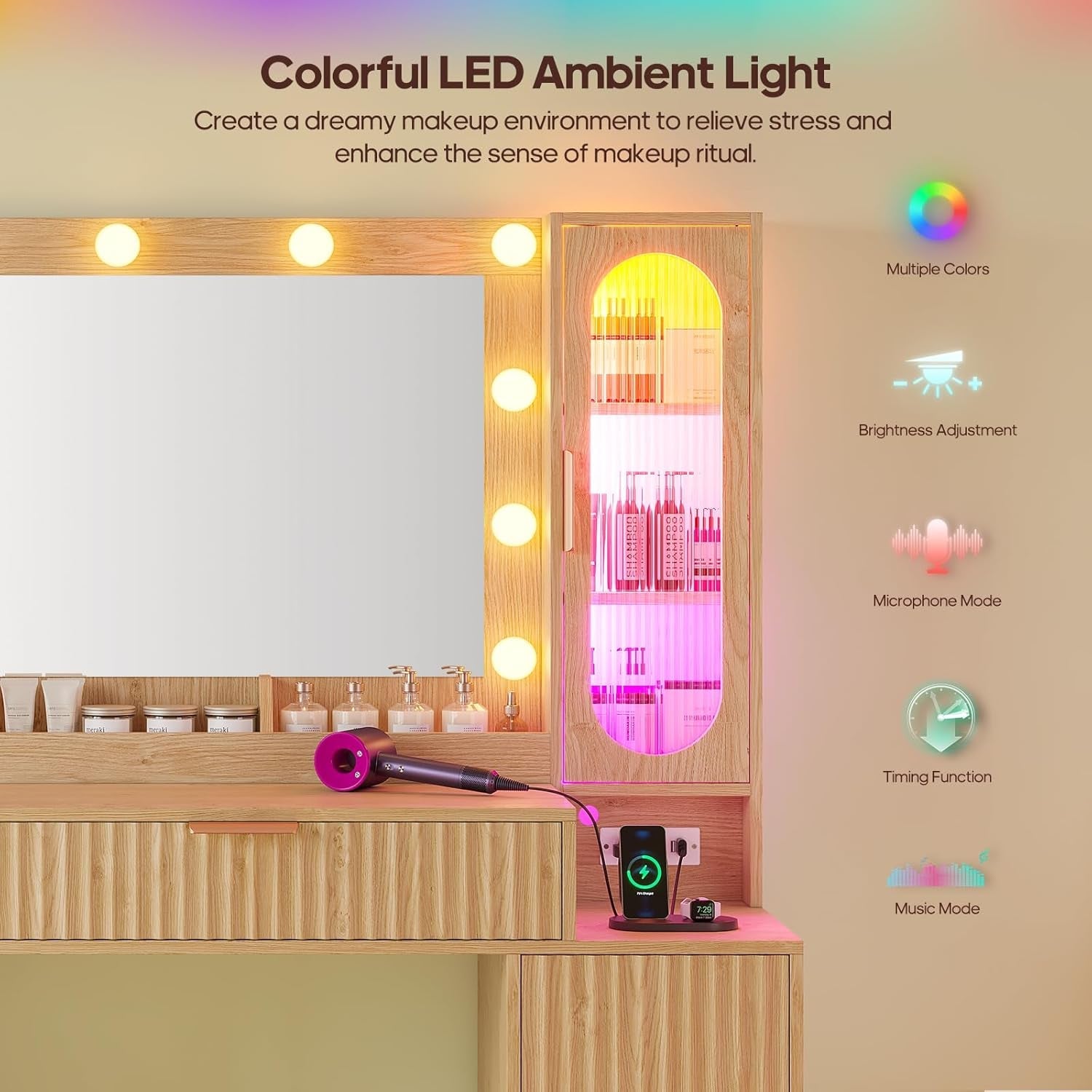 Oak Vanity Desk With 31.5 Inch Mirror Storage Cabinet