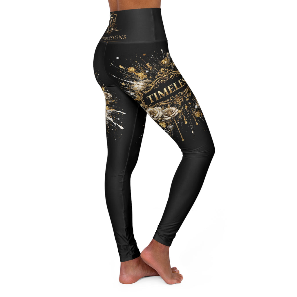 High-Waist Black & Gold Floral Yoga Leggings — Timeless Designs AOP