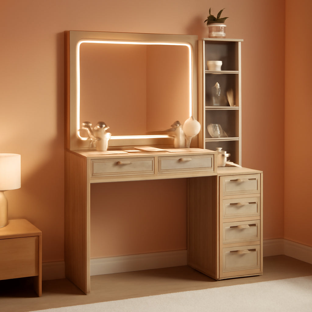 Rattan Vanity Desk Forty Three Point Five Inch GlassTop Mirror Lighting Natural Wood