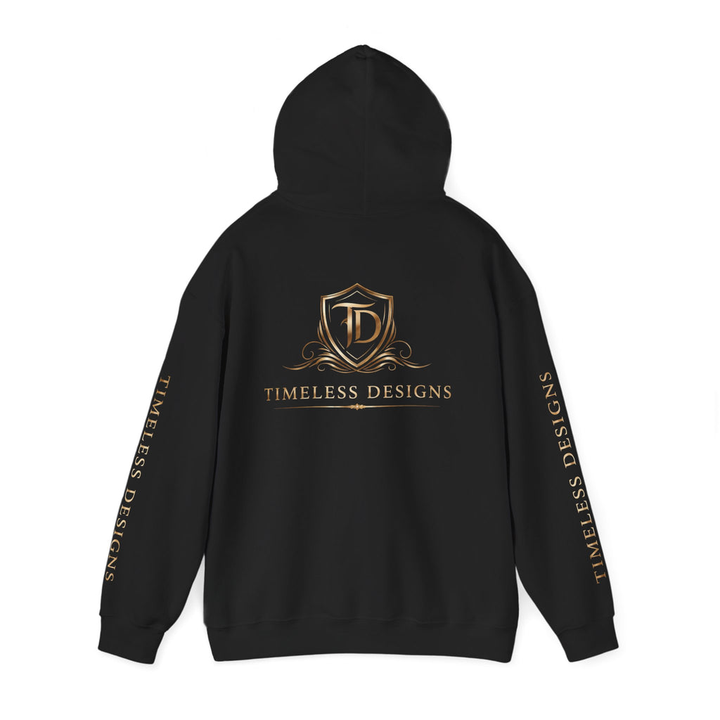 Timeless Designs Logo Hoodie — Elegant Pullover with Gold Crest