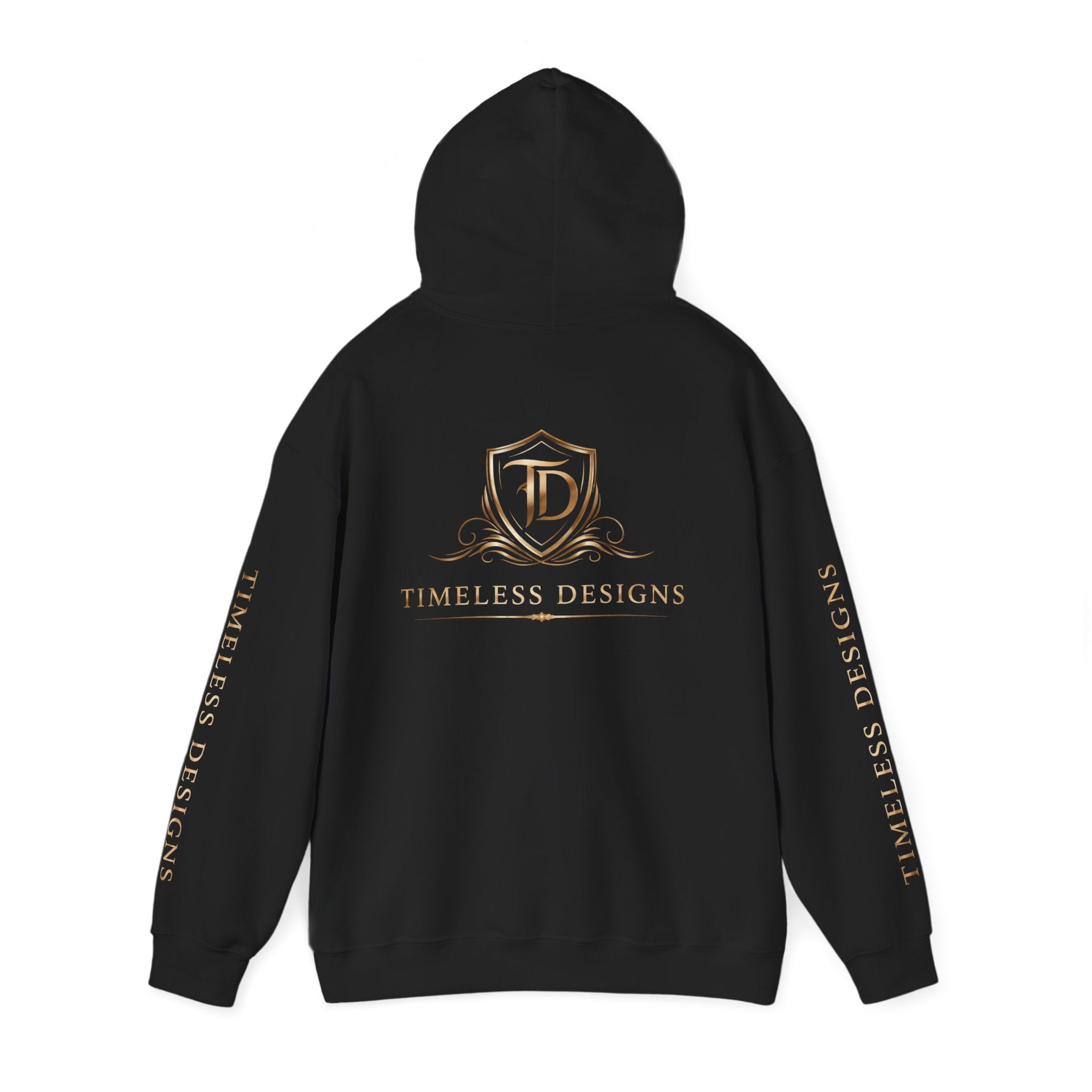 Timeless Designs Logo Hoodie — Elegant Pullover with Gold Crest