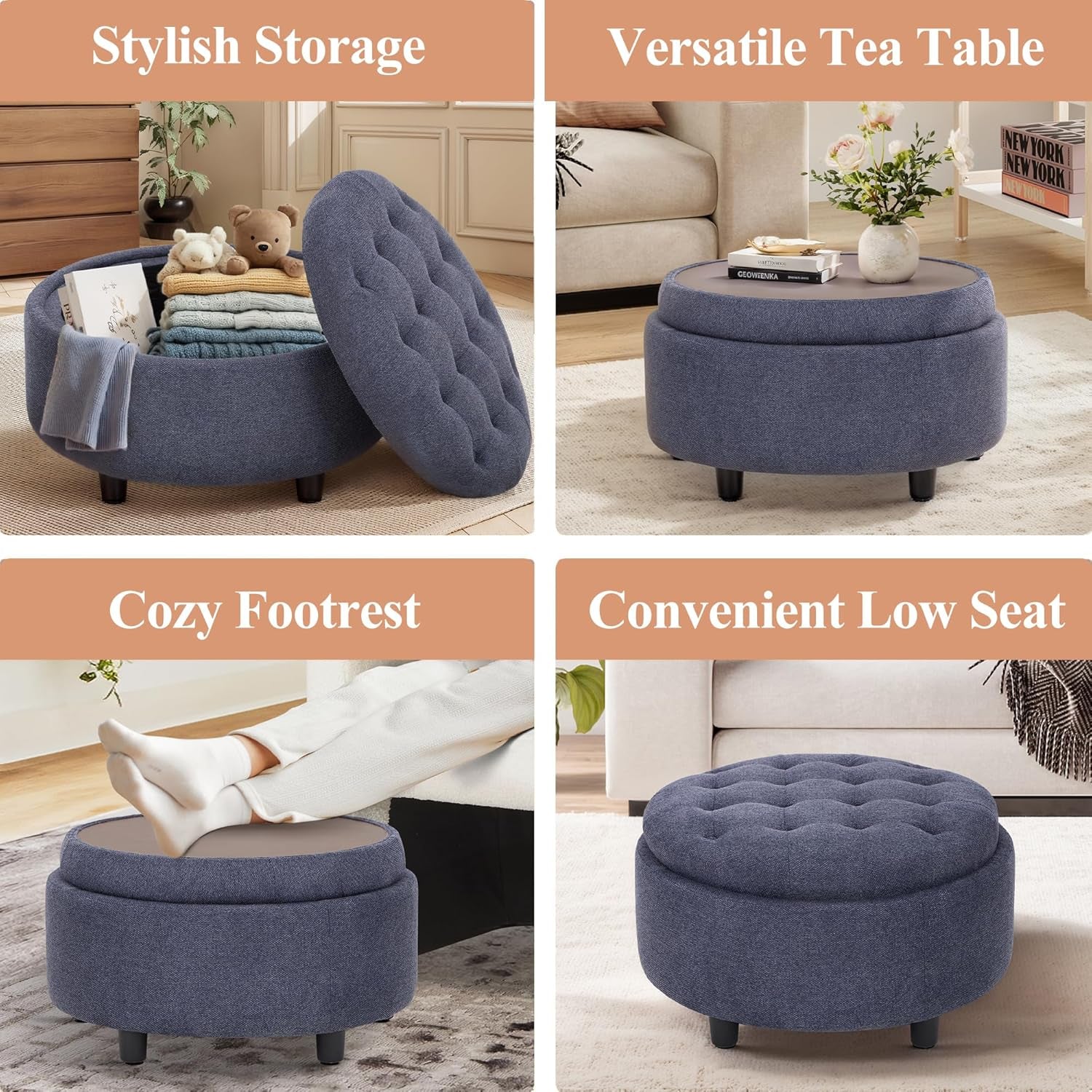 Blue Upholstered Circular Storage Ottoman With Tray