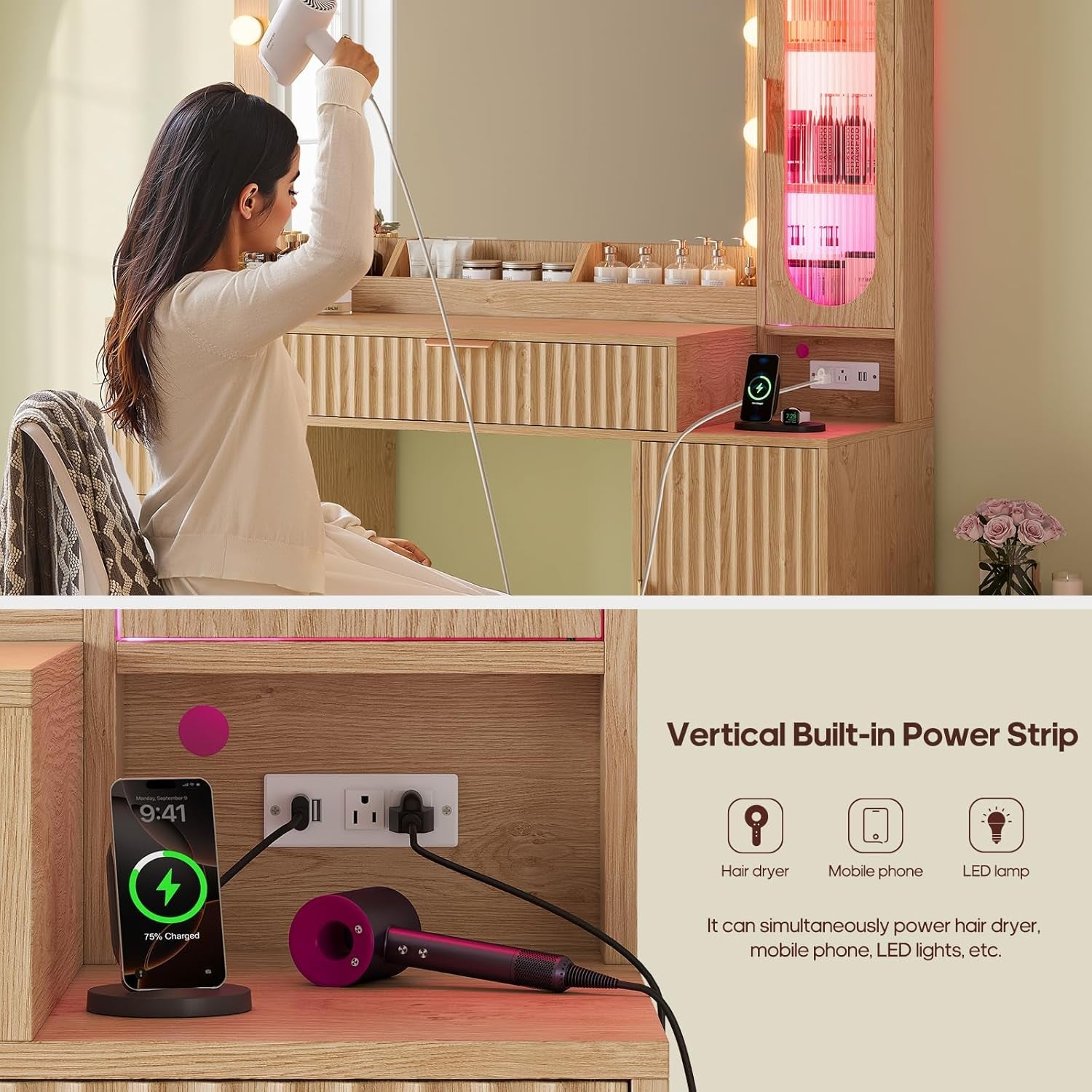 Oak Vanity Desk With 31.5 Inch Mirror Storage Cabinet