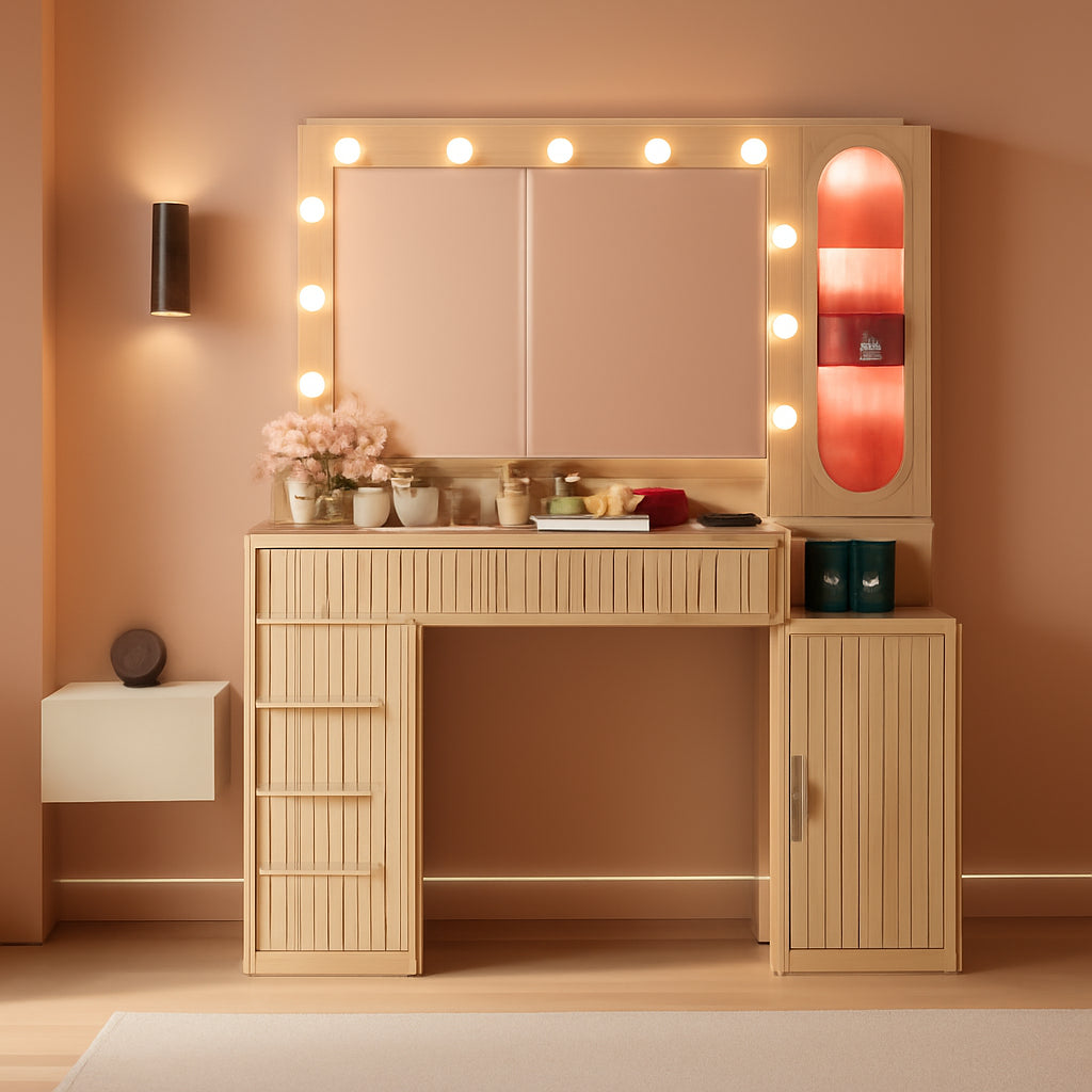 Oak Vanity Desk With 31.5 Inch Mirror Storage Cabinet