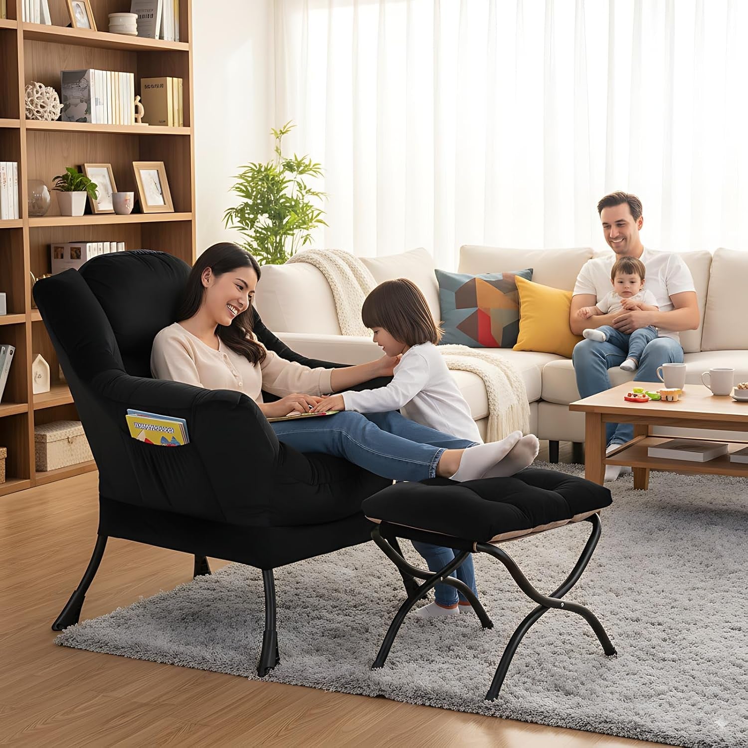 Large Upholstered Lounge Chair With Ottoman And Armrests