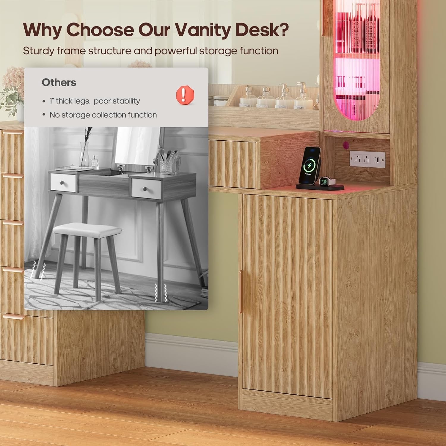 Oak Vanity Desk With 31.5 Inch Mirror Storage Cabinet