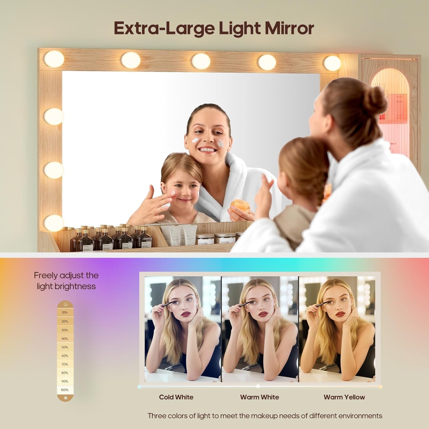 Oak Vanity Desk With 31.5 Inch Mirror Storage Cabinet