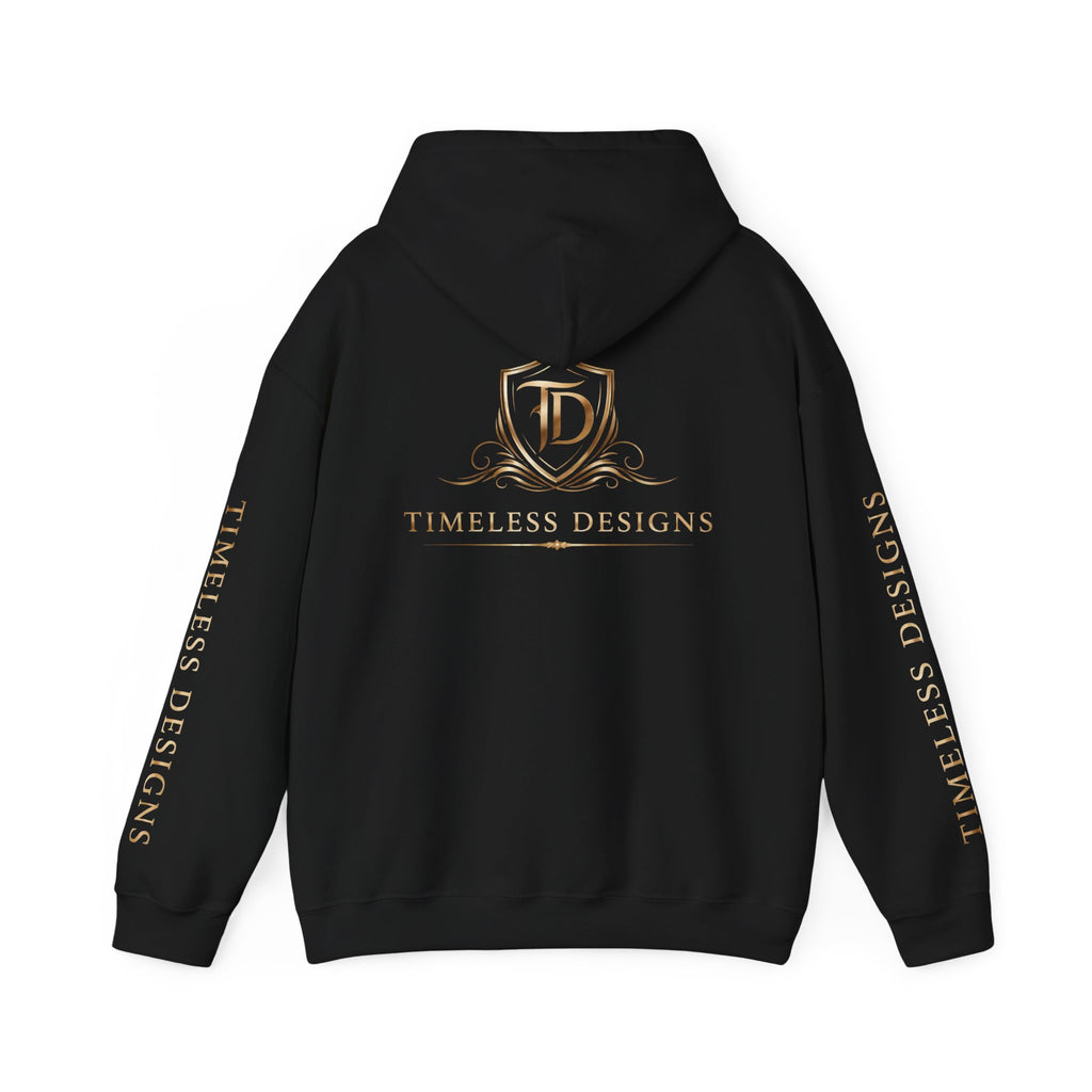 Timeless Designs Logo Hoodie — Elegant Pullover with Gold Crest