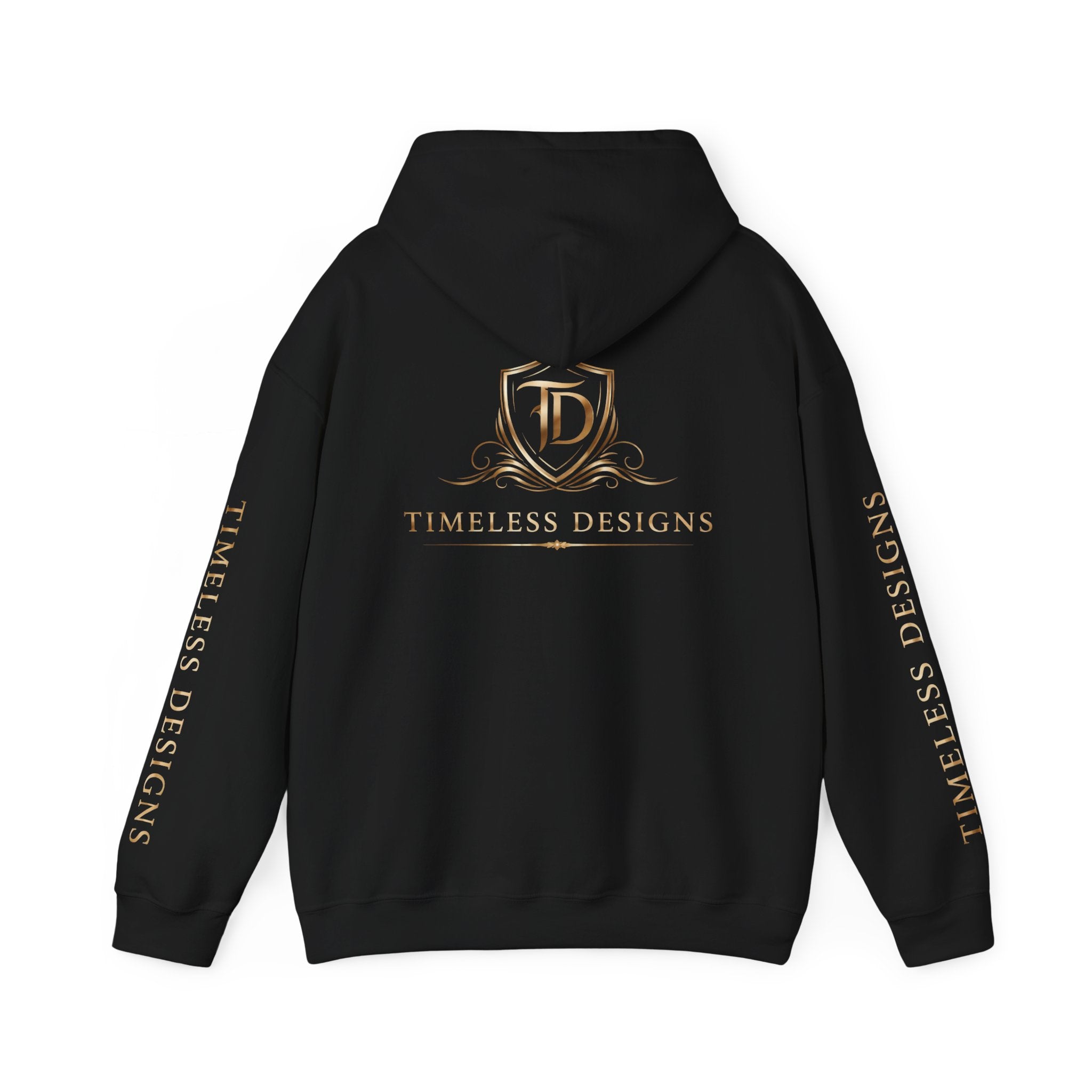 Timeless Designs Logo Hoodie — Elegant Pullover with Gold Crest