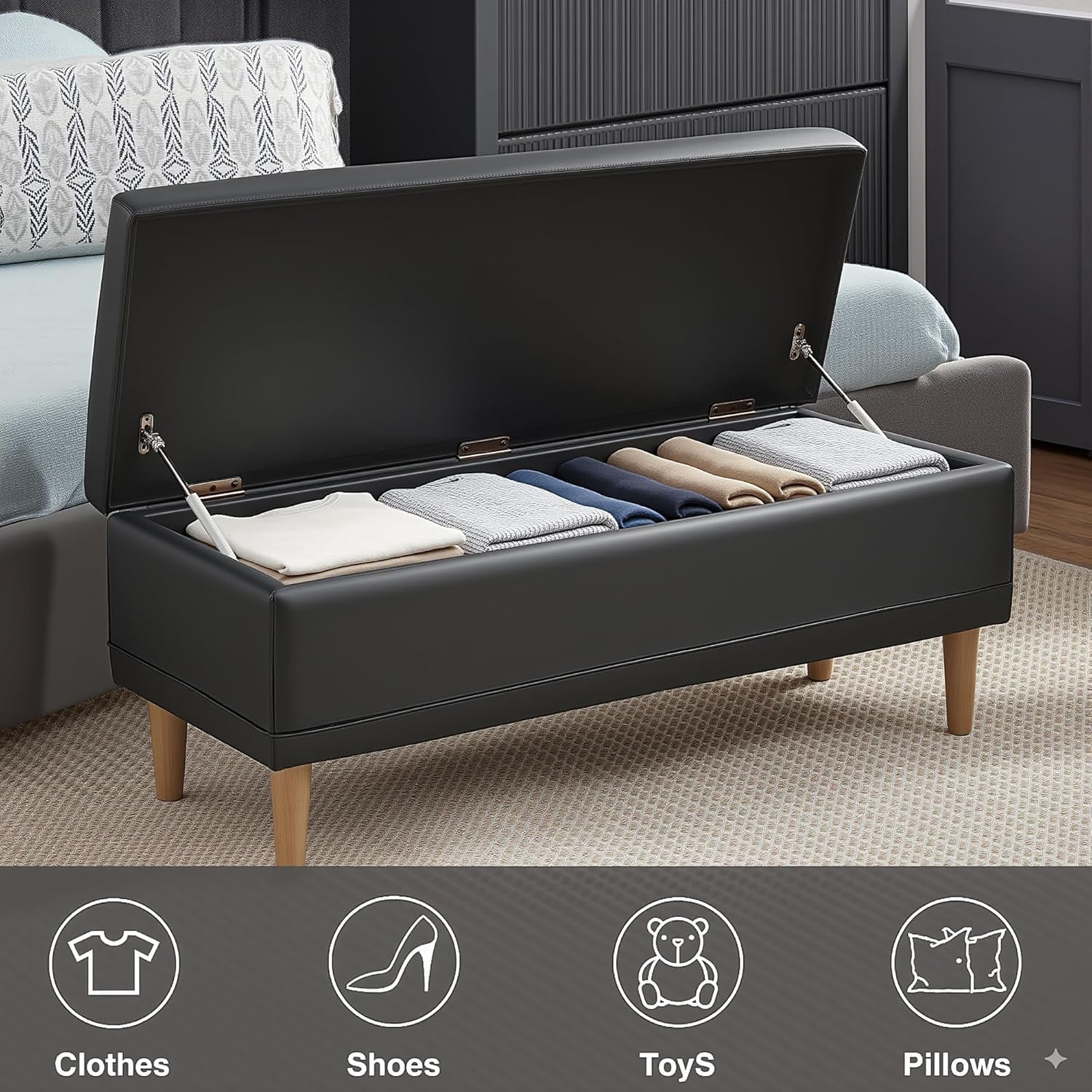 Black 44.5-Inch Storage Ottoman With Premium Gas Spring