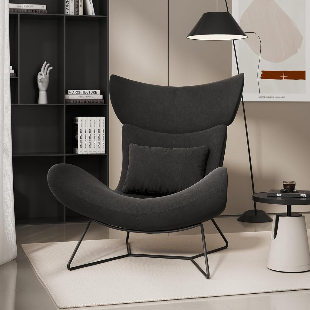 Beige Velvet Wingback Accent Chair Mid Century Modern