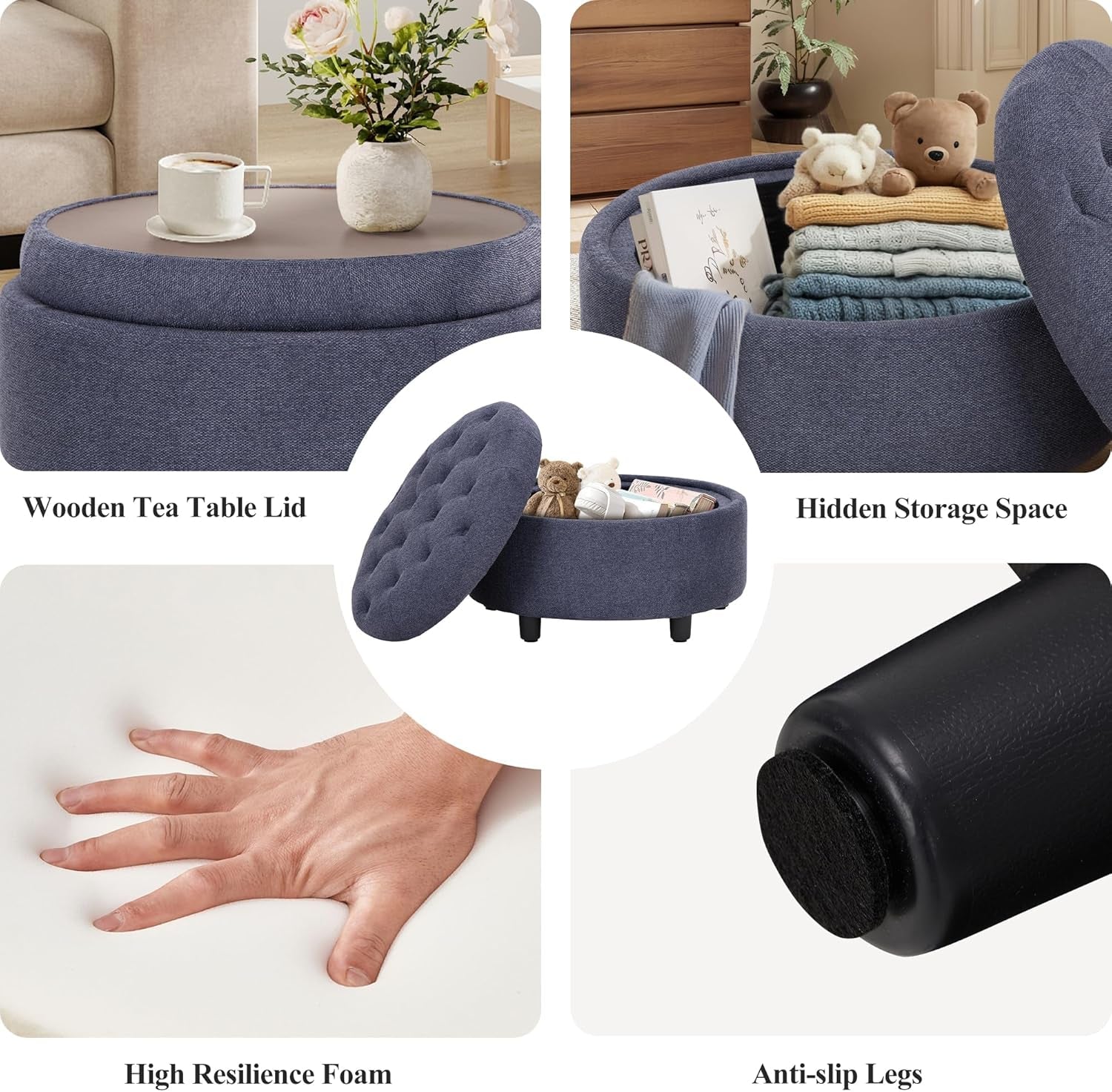 Blue Upholstered Circular Storage Ottoman With Tray