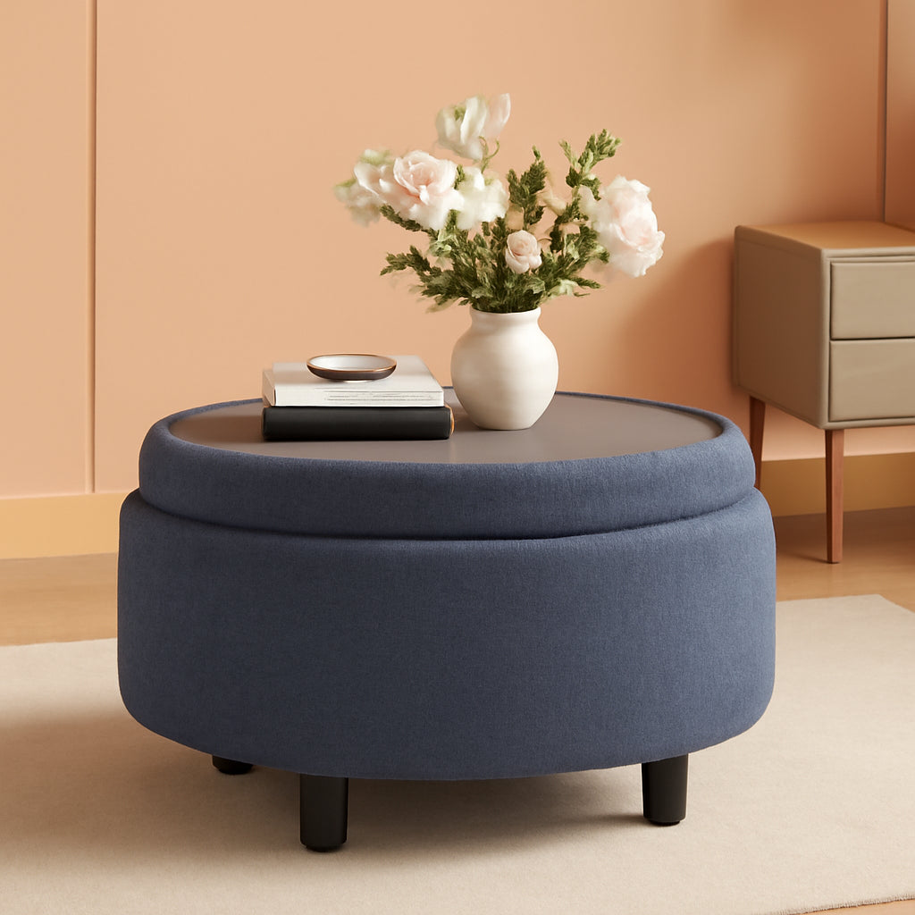 Blue Upholstered Circular Storage Ottoman With Tray