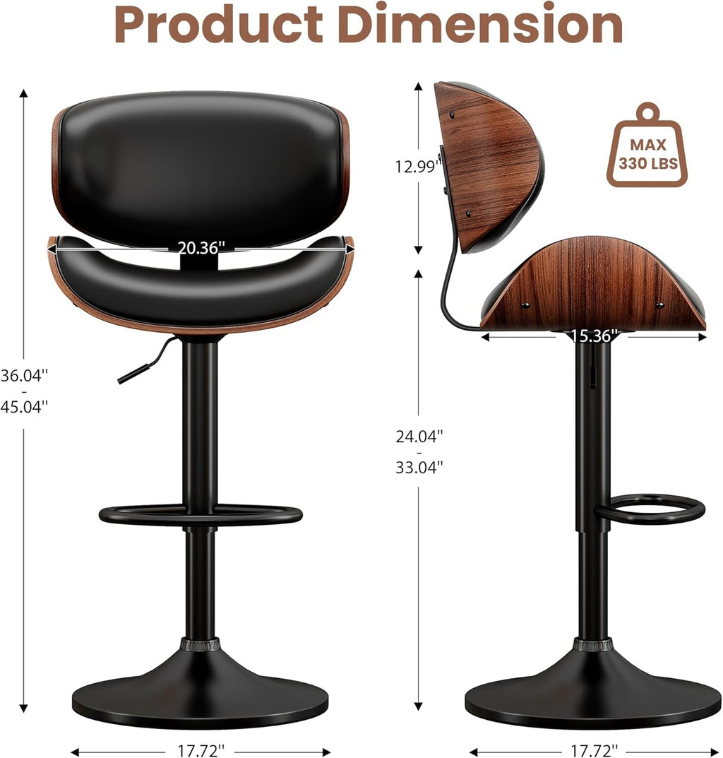 Adjustable Bentwood Bar Stools Set Of 2 PU Leather Upholstery