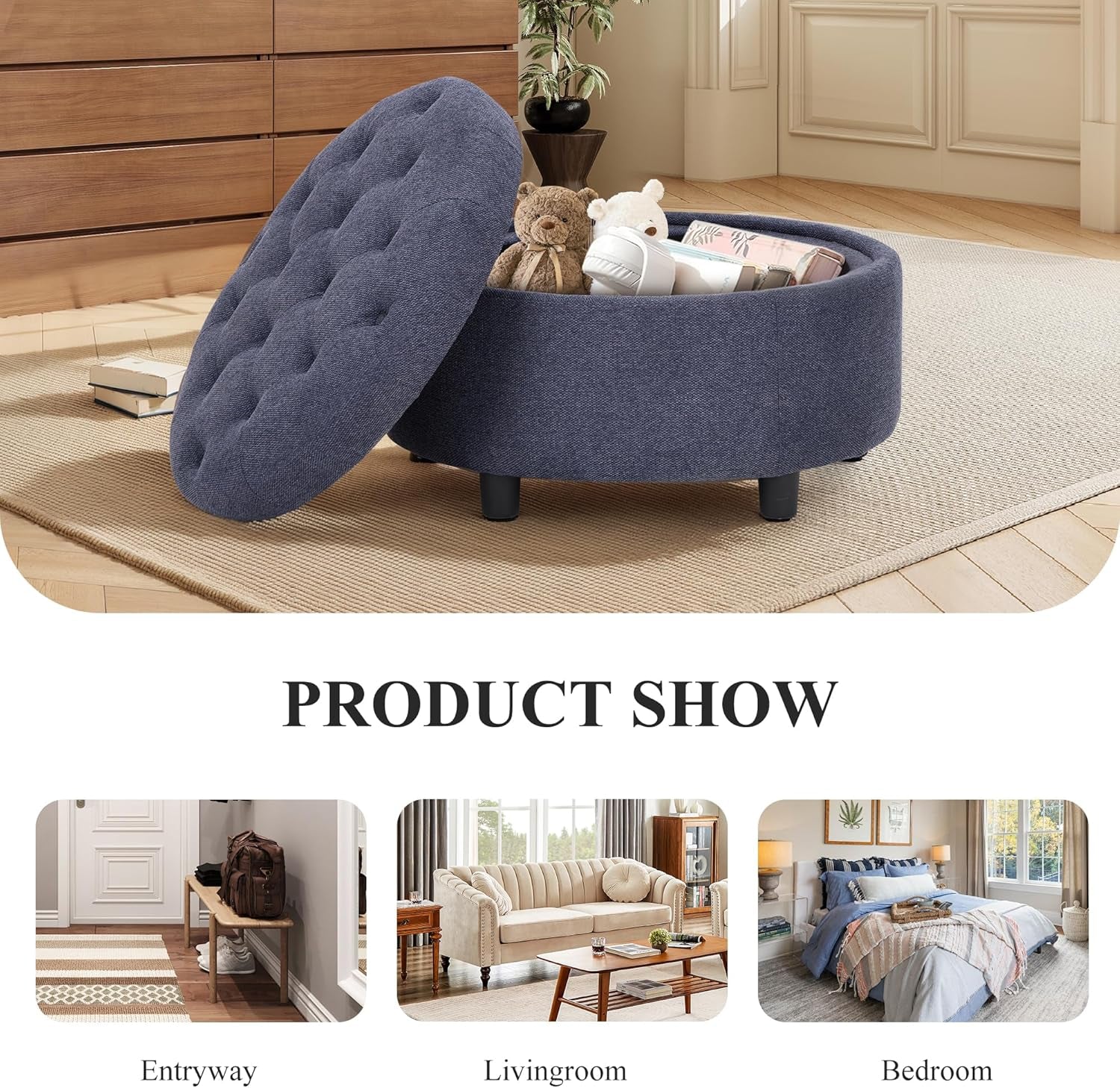 Blue Upholstered Circular Storage Ottoman With Tray