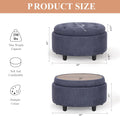 Blue Upholstered Circular Storage Ottoman With Tray
