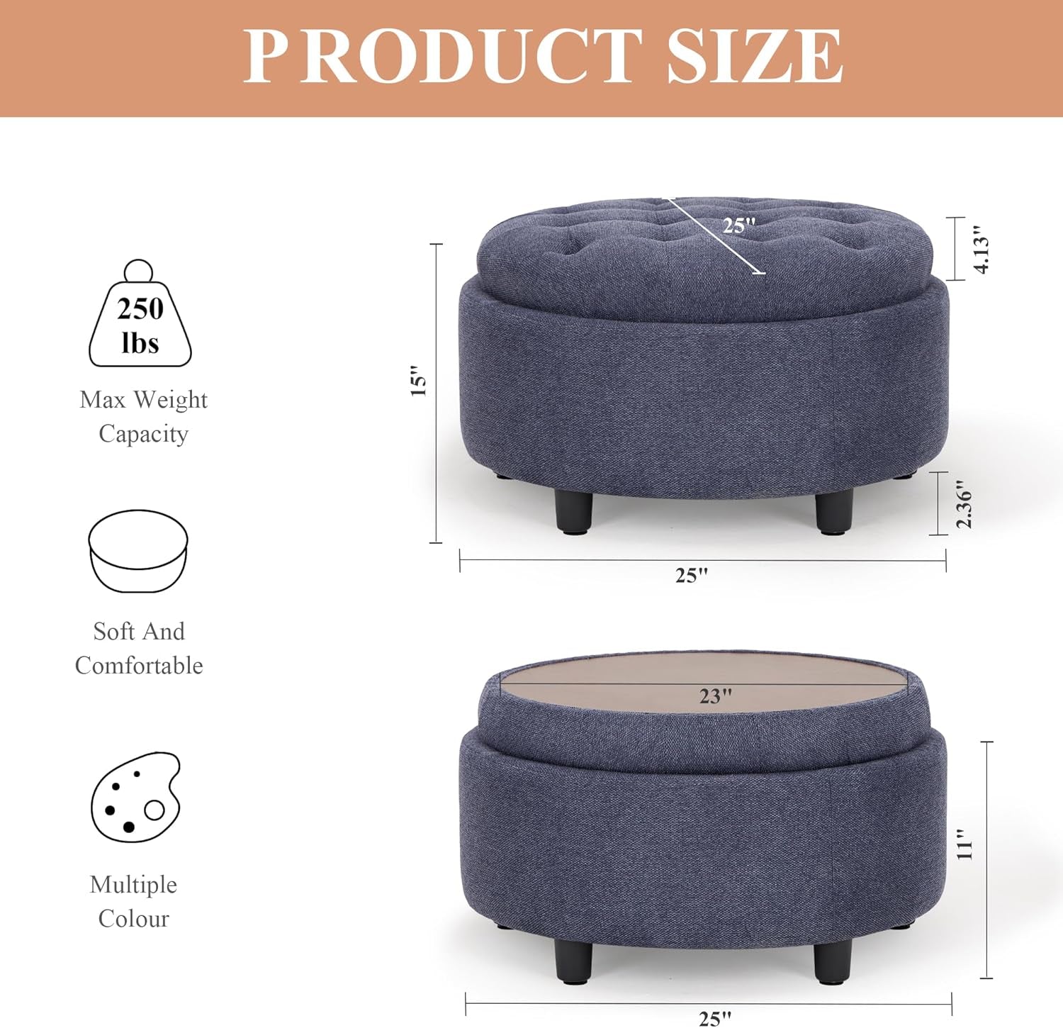 Blue Upholstered Circular Storage Ottoman With Tray